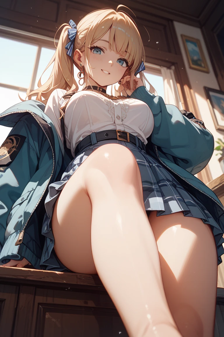 (Masterpiece, top quality, high resolution, realistic photo, realistic looking skin:1.1),
(The woman is crouching with her legs closed with both knees and thighs together: 1.9), 
(We are sitting directly in front of her to see her panties: 1.9),
(She is resting her elbows on both knees and resting her cheekbones on her cheekbones:1.5),
(glimpse of panties:1.8),
(She has a smirking smirk on her face:1.5),
(She is wearing a light blue hoodie:1.5),
(She is wearing a gray pleated miniskirt:1.5),
(She is wearing brown middle boots: 1.8),
(Her panties are white simple cotton:1.5),
(She has semi-long blond hair:1.5),
(Location: shopping mall with few people: 1.5),
1 Japanese girl, solo, full bodied esbian, beautiful eyes, glowing eyes, glowing thighs, NSFW