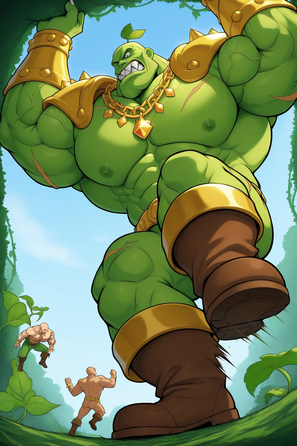 score_9, score_8_up, score_7_up, solo, male focus, muscle male, young , orc, green skin, tusks, beard, nipples , micro armor , shoulder armor , outdoors , day , (( damaged black tight )) , ((( BDSM , Bondage , rope ))) , full body , armor boots , (( flex muscles pose )) , laying spread legs legs up , massive ass , tear , ashamed face, low-angle