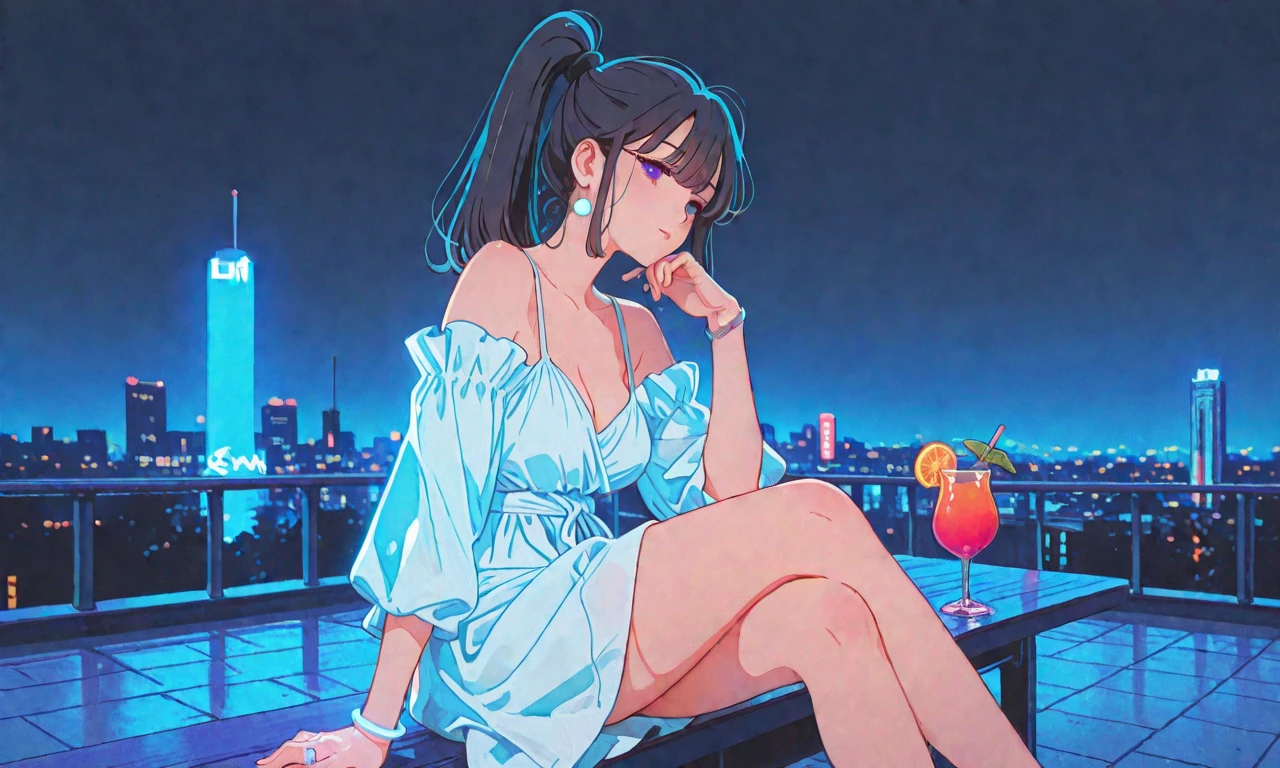 masterpiece, best quality,  <lora:cytusneko-nvwls-v1-000010:0.9> cytusNeko, cat ears, headphones, streaked hair, yellow sundress, yellow dress, from behind, night sky, cityscape