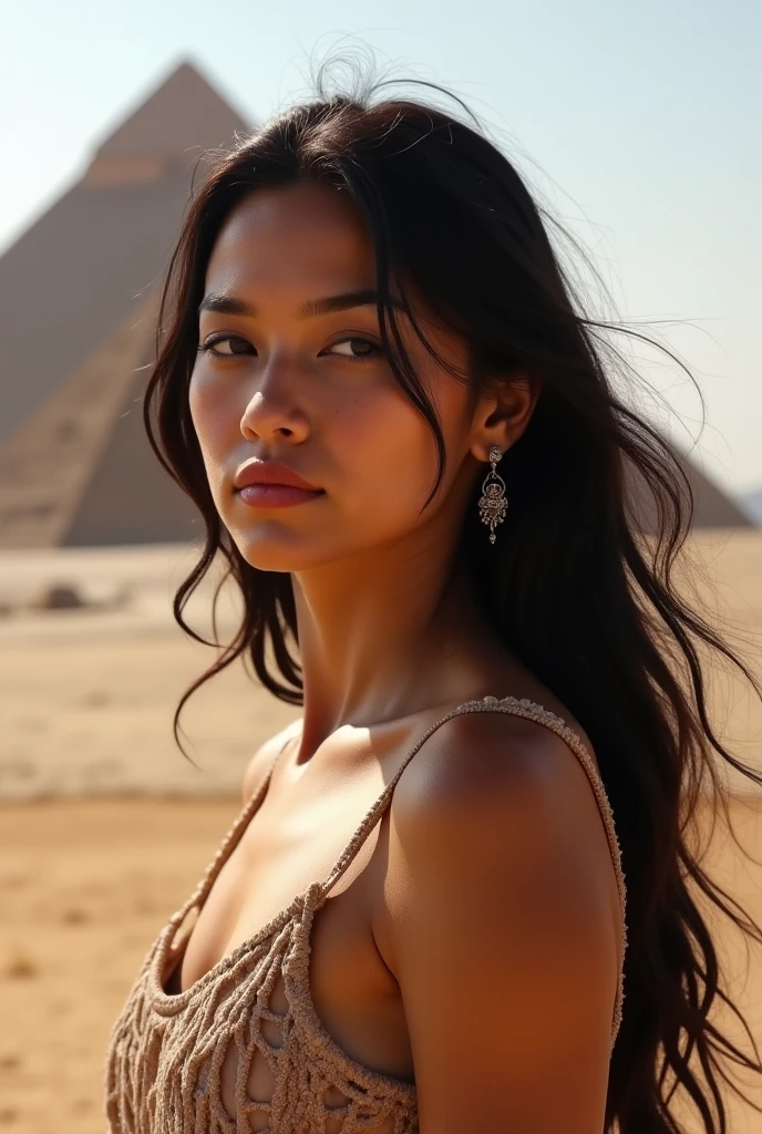 best quality, masterpiece, photo realistic, intricate details, raw photo, photon rendering, octane render, absurdres, ultra detailed, detailed face, detailed skin, trending on artstation, 8k masterpiece, cinematic lighting, ( (1girl)),((solo)),((looking_at_viewer)),trending on cg society,plasticien,((black long hair)),((beautiful woman)),(Smile),sexy lingerie, lingerie, underwear, bra,((Egyptian pyramid)),((sexy)),wind blowing hair, ((flowing hair)),happy,fashion magazine,