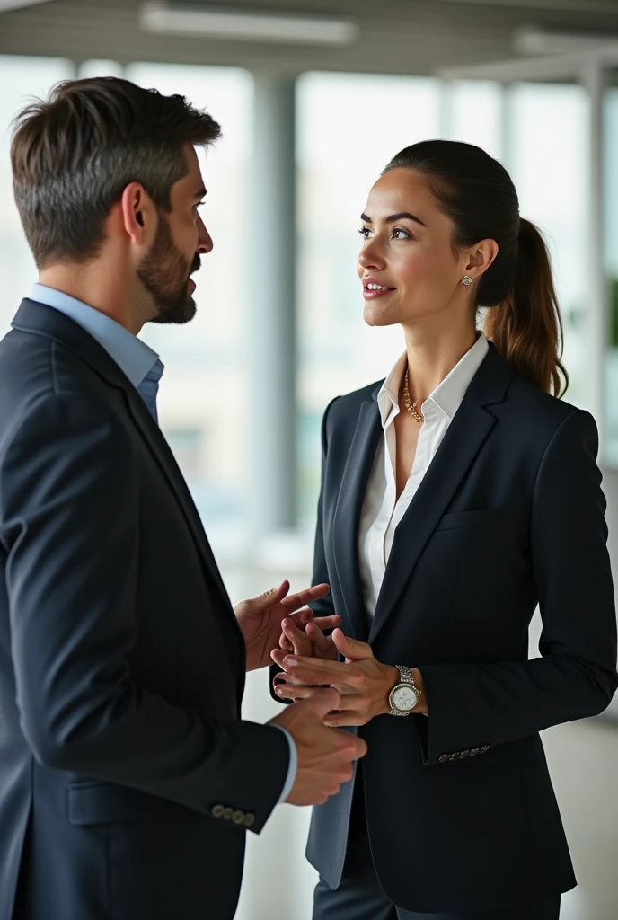 Two corporate employees, full body dressed with formal suits, one is male on the left side and the other female on the right side, they are shaking hands with each other, their handshake is sober and without mutated or overlapping fingers, they are holding out their hands to shake it with the other, they are exactly opposite to each other, they are making a firm handshake and confident eye contact. Their eyes are normal human eyes and not distorted. They are shaking one of their hands to one of the other. It is as if they know each other for a long time and are engaged in a conversation and smiling. The female is shaking her right hand only with the male's right hand only.  Only the outer side of the male's right hand should be visible to us. The female's other hand is disengaged and straight to the other side.