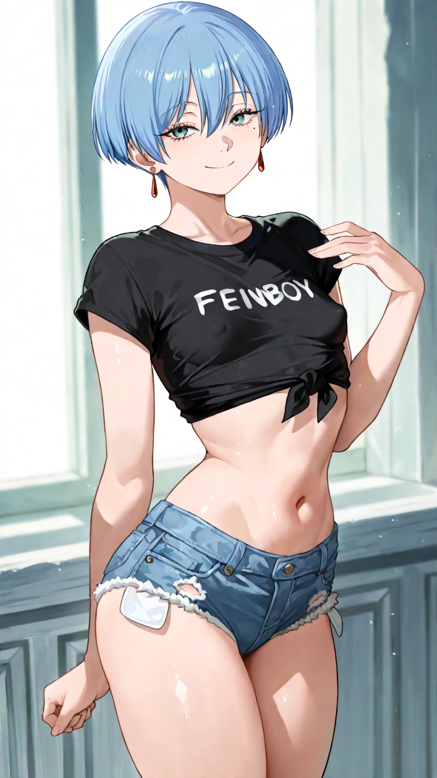 1 femboy, green eyes, very Short hair, pink choker, lipstick, Shy, pink hair , tomboy Pixie haircut, femboy hooters, cowboy shot, flat chest, ponytail, arms up