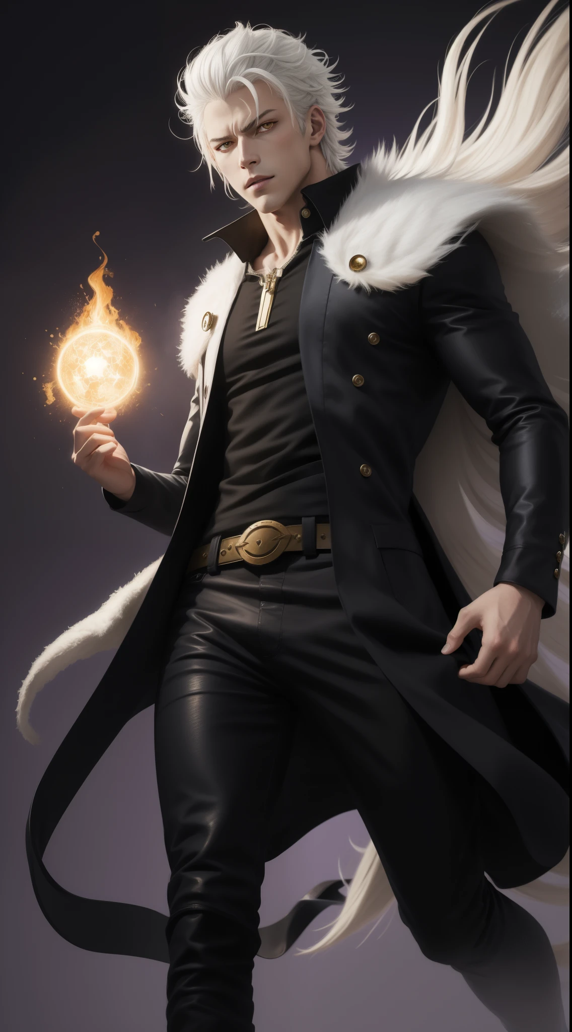 Realistic Character with White Hair and Yellow Eyes on a Purple Background, Devil in a Running Dream, The handsome man in the Demon Slayer painting, Important Realistic Art,One Punch Man Garou, Art Style with Realistic Magic Active, Yatate Hajime, nagito komaeda, Elegant Realistic Main Image, Important Realistic Art details, Important Realistic Art Details, illustration, Anime 1 man full body