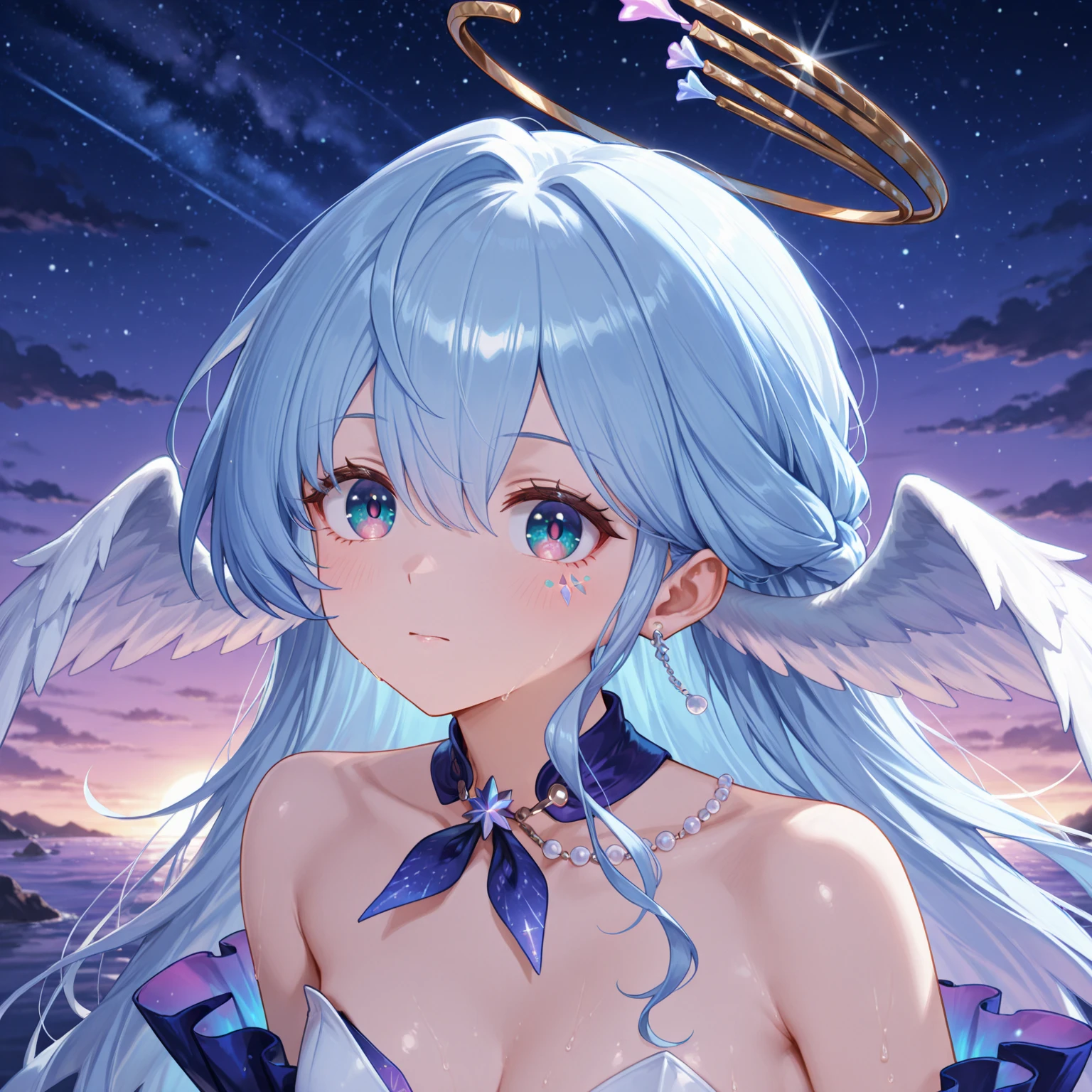 (((A close up view: 1.4))) of an anime teen girl, (standing in a river), (((half naked))), cinematic light, slim body with curves, skin is perfectly white, soft, and smooth, , Extremely delicate and beautiful CG illustration, best quality, high resolution, dynamic angle, full-length lens, (1 girl), floating, soft light, high-key lighting), glowing light, purple halo, feathers fluttering background, blue crystal, (((half naked)))