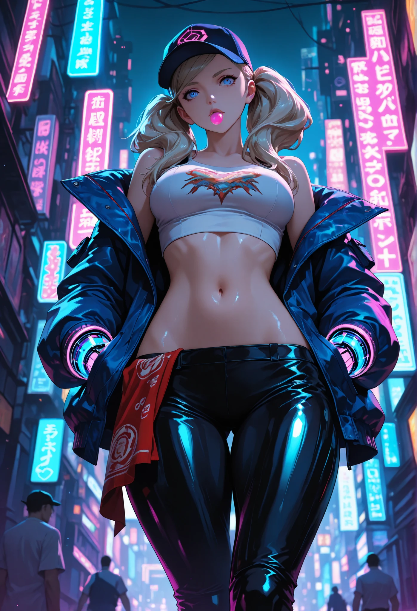 girl swimmer,((girl with extremely cute and beautiful blonde hair)),

(large breasts:1.4),saggy breasts,(((very light blonde hair:1.35,straight hair,long hair:1.4,colored inner hair,ear breathing))),((heterochromia:1.5, (pink_eye and yellow_eye))),intricate eyes,beautiful detailed eyes,symmetrical eyes,((fat)),(((lustrous skin:1.5,bright skin: 1.5,skin tanned,shiny skin,very shiny skin,shiny body,plastic glitter skin,exaggerated shiny skin,illuminated skin, wet legs))),(spider lower abdomen,narrow waist,wide hip,athletic body,inflated legs, thick thighs,detailed body,(detailed face)),

cute,slutty,seductive,erotic,((nsfw)),

zettai ryouiki,((two-piece swimsuit magenta,wearing a bikini outfit:1.3,sport bikini)),(rgb headphones:1.5,cyber gloves:1.5,huge mech-gloves),((wet clothes,intricate outfit,intricate clothes,intricate swimsuit, intricate bikini)),

cyberpunk city by the ocean at night, with bright neon signs and dark stormy clouds and puddles, scenery:1.25,nighttime, starry night, cosmos,Very dark night that makes the neon lights stand out, very bright neon lights,nighttime, starry night, cosmos,

artistic photography,(photography taken by sldr),highres, sharp focus,(ultra detailed, extremely detailed), (photorealistic artwork:1.37),(extremely detailed CG unity 8k wallpaper),((synthwave background theme)),(((vibrant colors))),intricate,(intricate background),(masterpiece),(best quality),perfect rendered face,perfect face details,realistic face,photo realistic,analog style,((intricate detail)),(((realism))),
