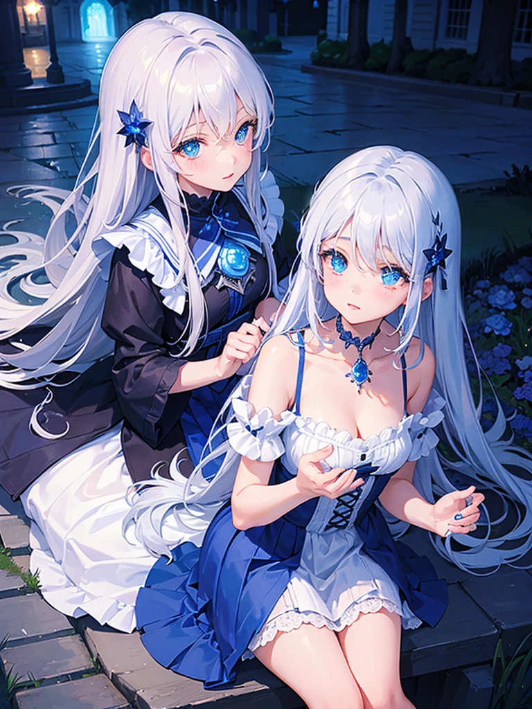 ((Highest quality)),(Ultra-high resolution),A dress with a flared skirt made of deep blue roses,Highly detailed CG Unity 8k wallpaper, , Earrings, Blue hair, Curly Hair, Blunt bangs, Straight bangs, Blue eyes, White skin, Gal, Improve、Her flat chest is hidden by her dress