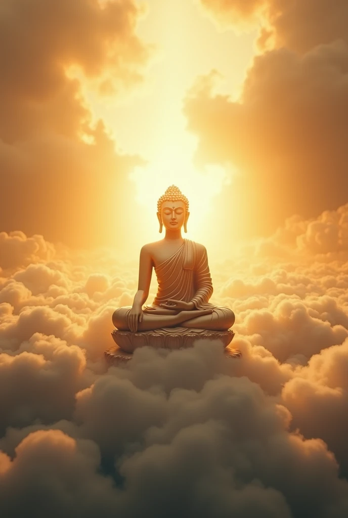 Create an image of a Buddha statue representing the Tathagata (Suchness) or Buddha of Great Enlightenment. The statue should be depicted in a grand and majestic setting that conveys a sense of supreme divinity and transcendence. The background should include celestial elements, such as radiant light, ethereal clouds, and intricate, sacred architecture that reflects a divine realm. The overall atmosphere should evoke a sense of spiritual elevation and liberation, symbolizing the Buddha’s role in guiding beings towards ultimate transcendence and liberation from worldly attachments.





