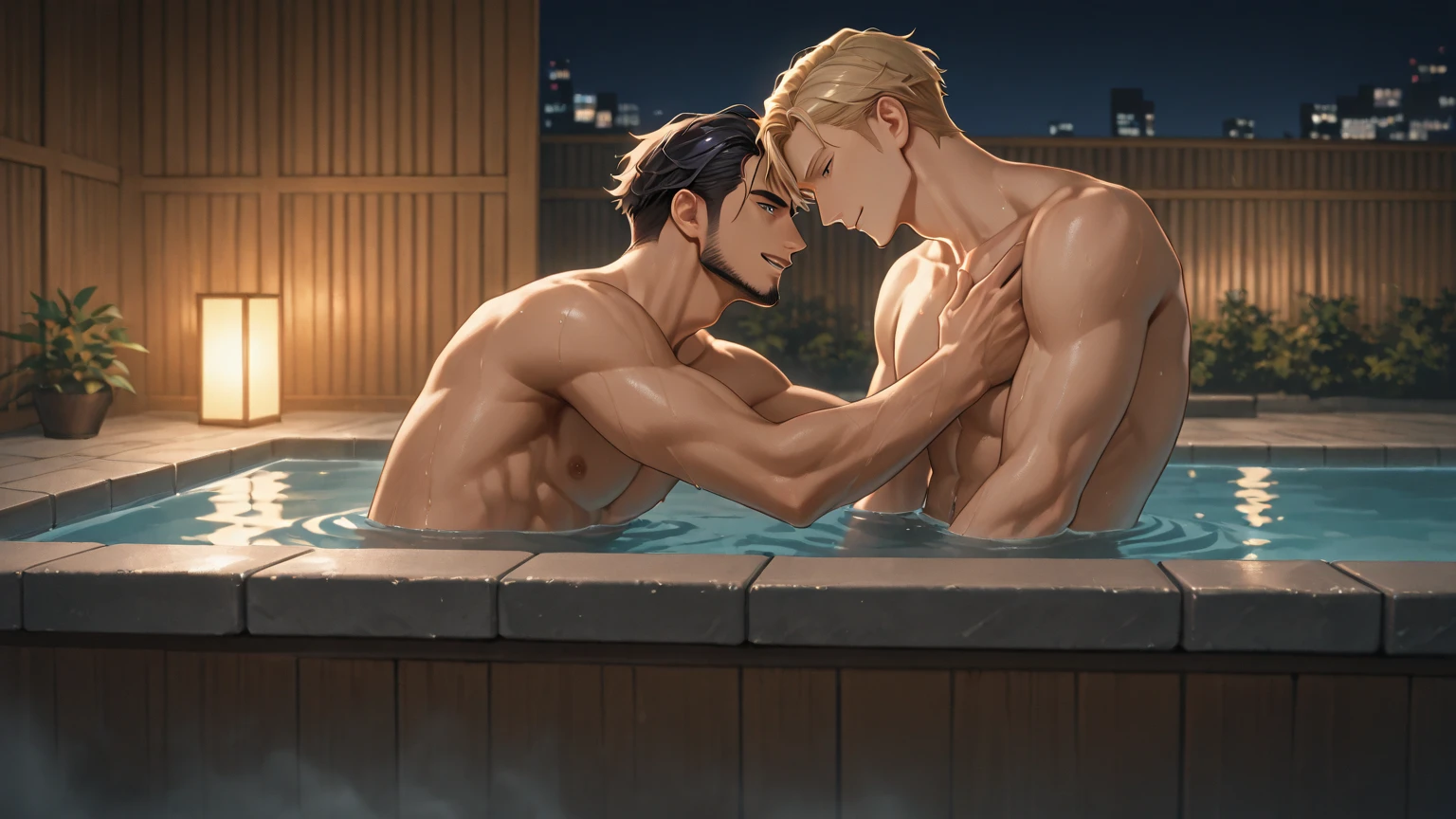 2boy, Naked, completly , Muscular, Handsome, Outdoor, bathing with steam, hot onsen, Onsen, Sweat, view the viewer, Depth of field, Bokeh, Detailed background, Detailed lighting, diffused natural sunlight, diffused natural skin glow, symetrical eyes