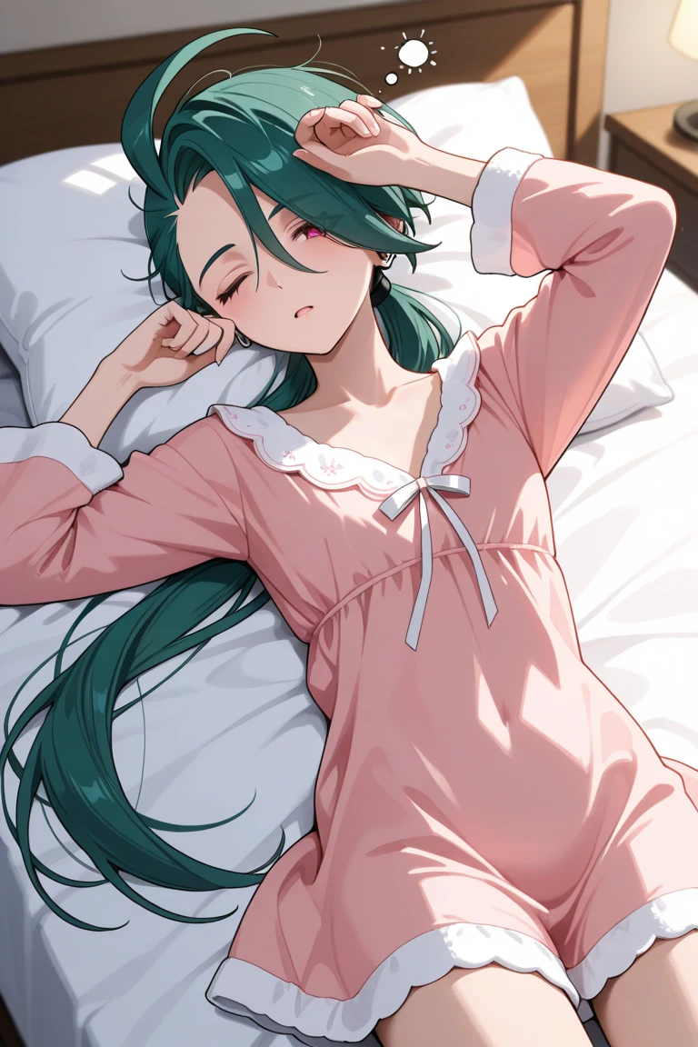 (masterpiece, best quality, detailed), 1girl, solo, aakiyo, long hair, green hair, white horns, hair ornament, yellow eyes, looking at viewer, 
pajamas, sleepy, nightcap, indoors, tatami, sliding doors, cushion, electric fan, kotatsu, lying, on back, arms behind head, smile, open mouth, blush