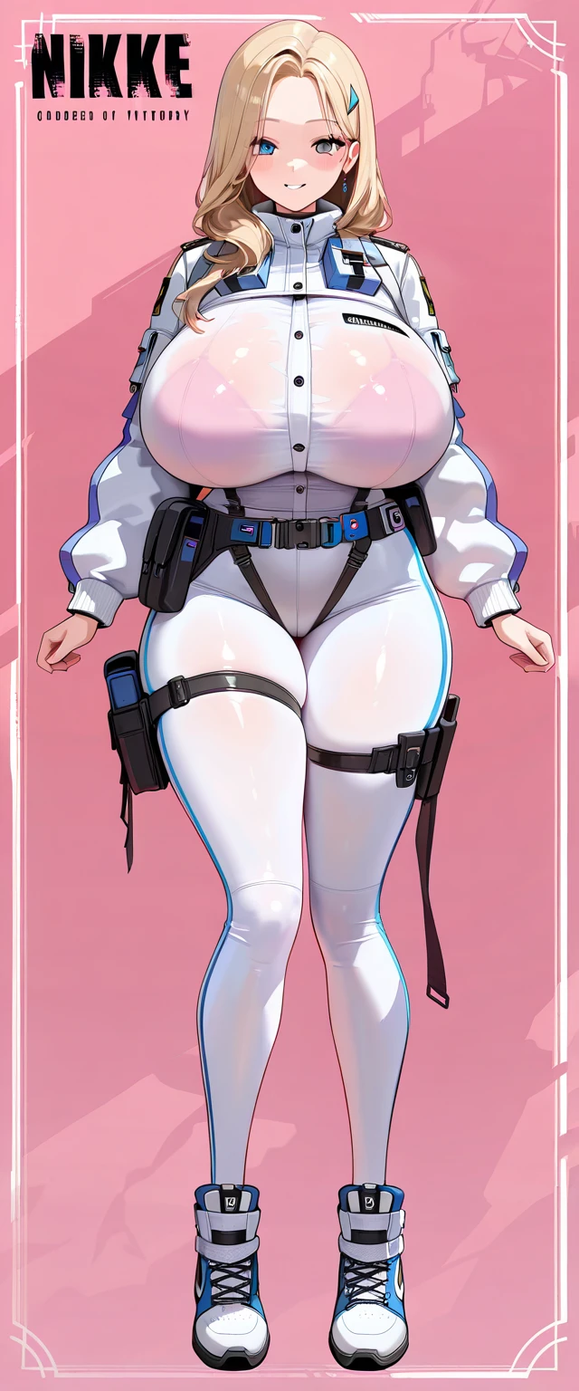 (masterpiece), best quality, expressive eyes, perfect face, (muscular:0.8), silver hair, (massive breast:1.1), (curvy:1.5), ((blank background)), ((full body framing)), (thick thighs:1.5), ((big legs:1.6)), 15 years old, tiny head, (pink bodysuit), female android, plugsuit, pilot suit, (very tall girl) , perky breast:1.3