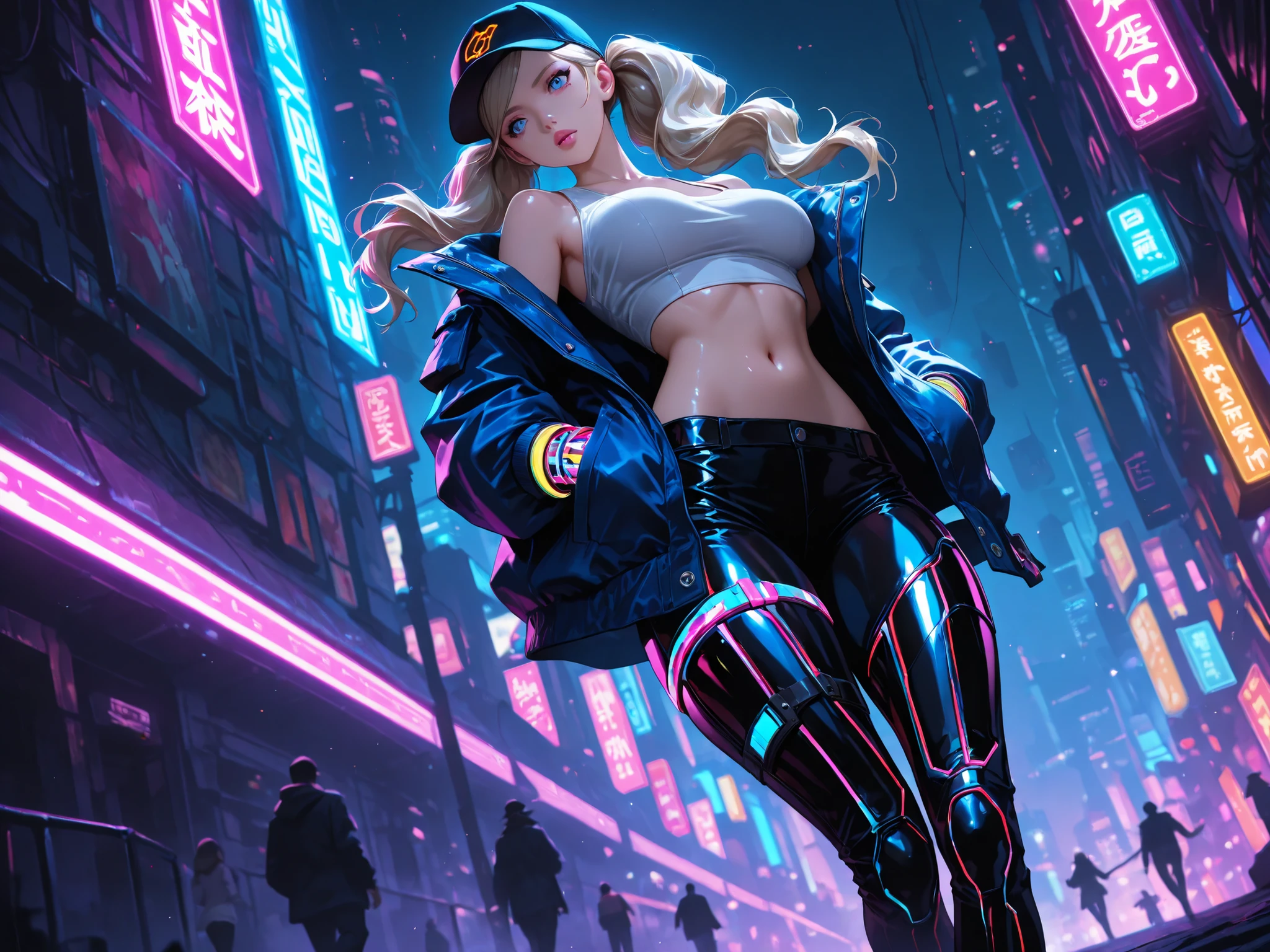 (ultra realistic,32k, work of art:1.2),(highly detailed skin:1.1),( 8k hd, dslr, high qualiy:1.1),(gazing at viewer, sitting down, from low:1.1),, Harley Quinn from suicide squad, pose playful e sensual, harleyquinn, two color hair, detailed hair, silky hair, crouched, dynamic pose, cyberpunk, neon lights, night light, citys, playful,
