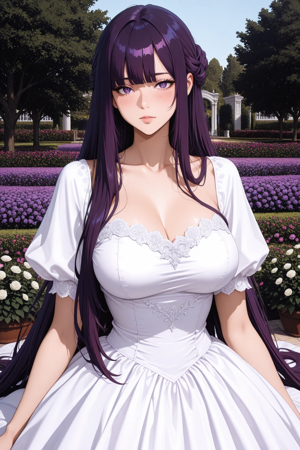 masterpiece, best quality, highres, 1girl, solo, long hair, (hair flaps:1.1), purple hair, purple eyes, large breasts, <lora:oharu_v1:0.6>, garden, wedding dress, cowboy shot, standing, smile