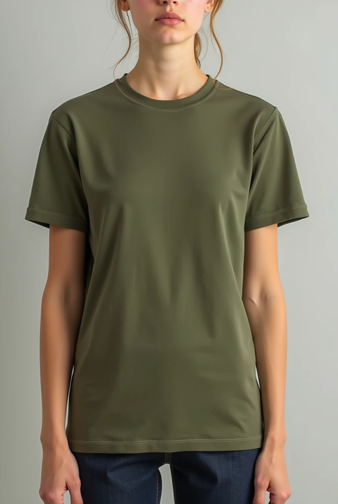 a woman wearing a green shirt with a white writing on it, green shirt, muted green, green clothing, olive green, casual green clothing, official product image, detailed product image, t-shirt, t - shirt, green clothes, muted colors. ue 5, !! muted colors!!, muted realistic colors, limited colors, wearing a t-shirt, single color