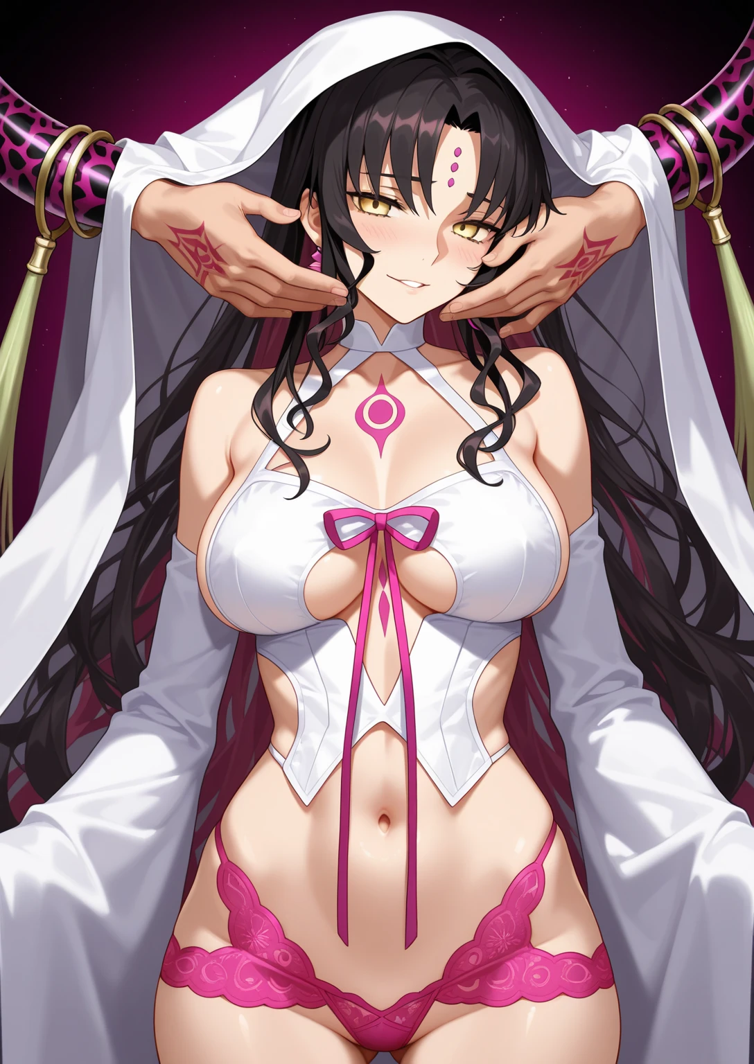 score_9, score_8_up, score_7_up, source_anime BREAK 1girl, solo, looking at viewer,  <lora:Sessyoin_Kiara_Pdxl-09:1>, Kiara_Default,  yellow eyes, black hair, pink hair, multicolored hair, very long hair, wavy hair, horns, veil, forehead mark, facial mark, revealing clothes, halterneck, detached sleeves, wide sleeves, pink ribbon, pink thighhighs, pink underwear, lace trim,  chest tattoo, sideboob, underboob, collarbone, bare shoulders,  navel, thighs, skindentation, shrine, night, moon, moonlight, east asian architecture, large breasts. thick thighs, narrow waist, smile, heart hands,