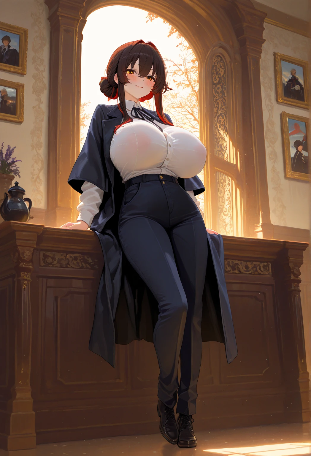Big hips Elizabeth, huge boobs, (BioShock style), strapless tube top mini dress, jacket, corset, belts, face detailing, ultra quality, stockings, strong stance