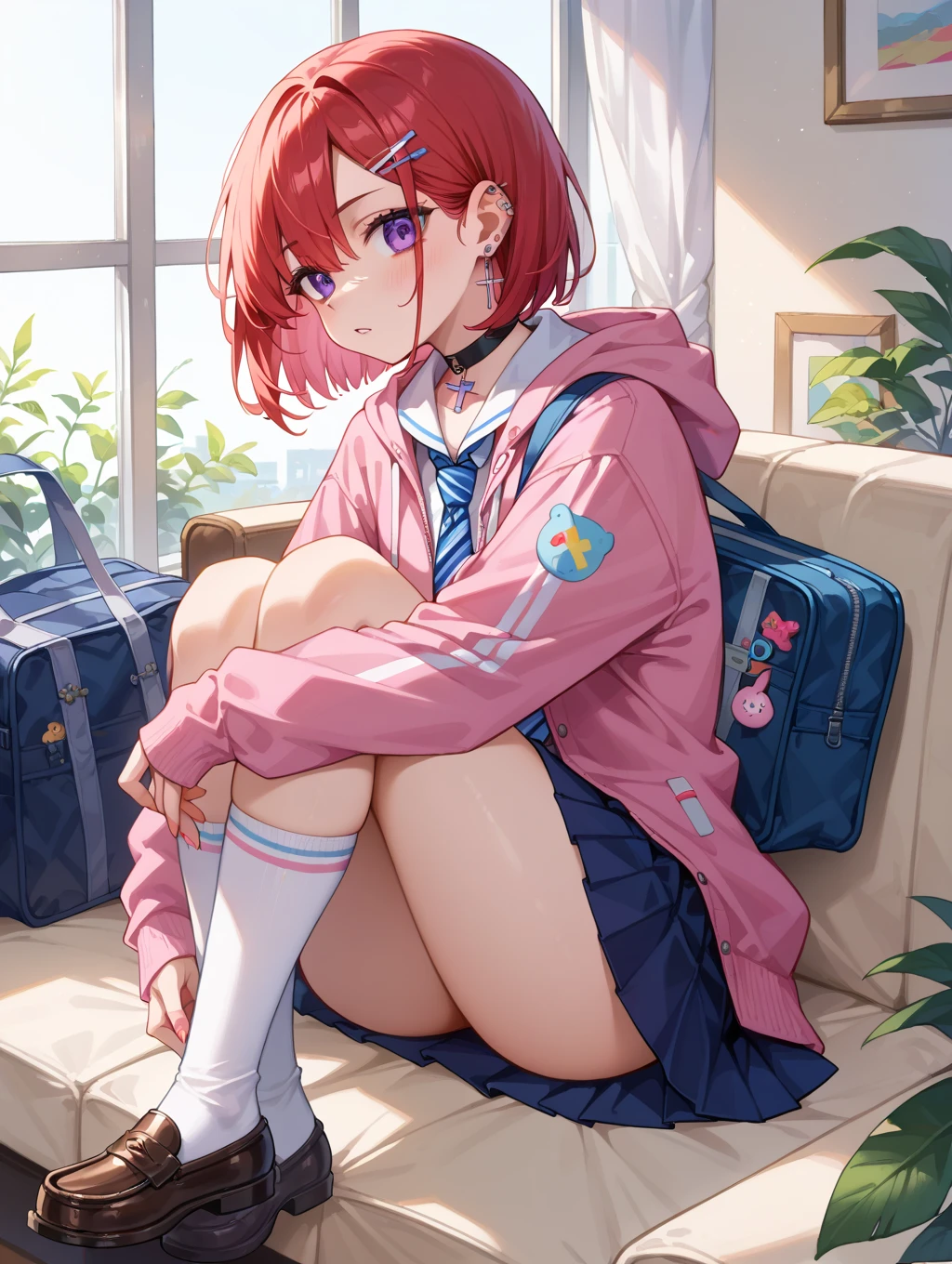 (The ultimate masterpiece), (Ultra HD), (Ultra-fine), High resolution, Ultimate beauty, High chroma, vivid,Girl,(pretty girl), Thighs, (cardigan), (skirt), Super Smile, Red hair,ショートBob,(Bob),Red Eyes ,Small breasts, Cute room,put one's hand between one's thighs