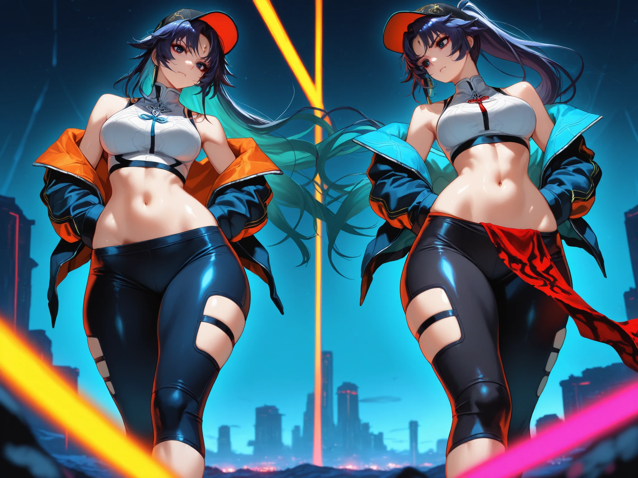 Feixiao, masterpiece, mejor calidad, vibrant, very aesthetic, High contrast, semrealista, newest,
landscape, Neon border light , dark, 1girl, medium breasts, wide hips, huge butt, thick thighs, negro (low leg:1.3) leggings, White shirt with crop top cut, (Neon braces:1.2), dark blue open jacket, bare shoulder clothing, gunman,from below, dutch angle, shiny dark eyes,looking the other way, hands in jacket pockets, oversized baseball cap, gum, facial focus, emphasis on fine cloth, dynamic pose when walking, Twisted pose, head tilting, navel, wide throw , shiny skin, cyberpunk, REST, eyes, detailed eyes, masterpiece, mejor calidad, amazing quality, very aesthetic, high resolution, ultra detailed, absurdres, newest, landscape, depth of field, volumetric lighting