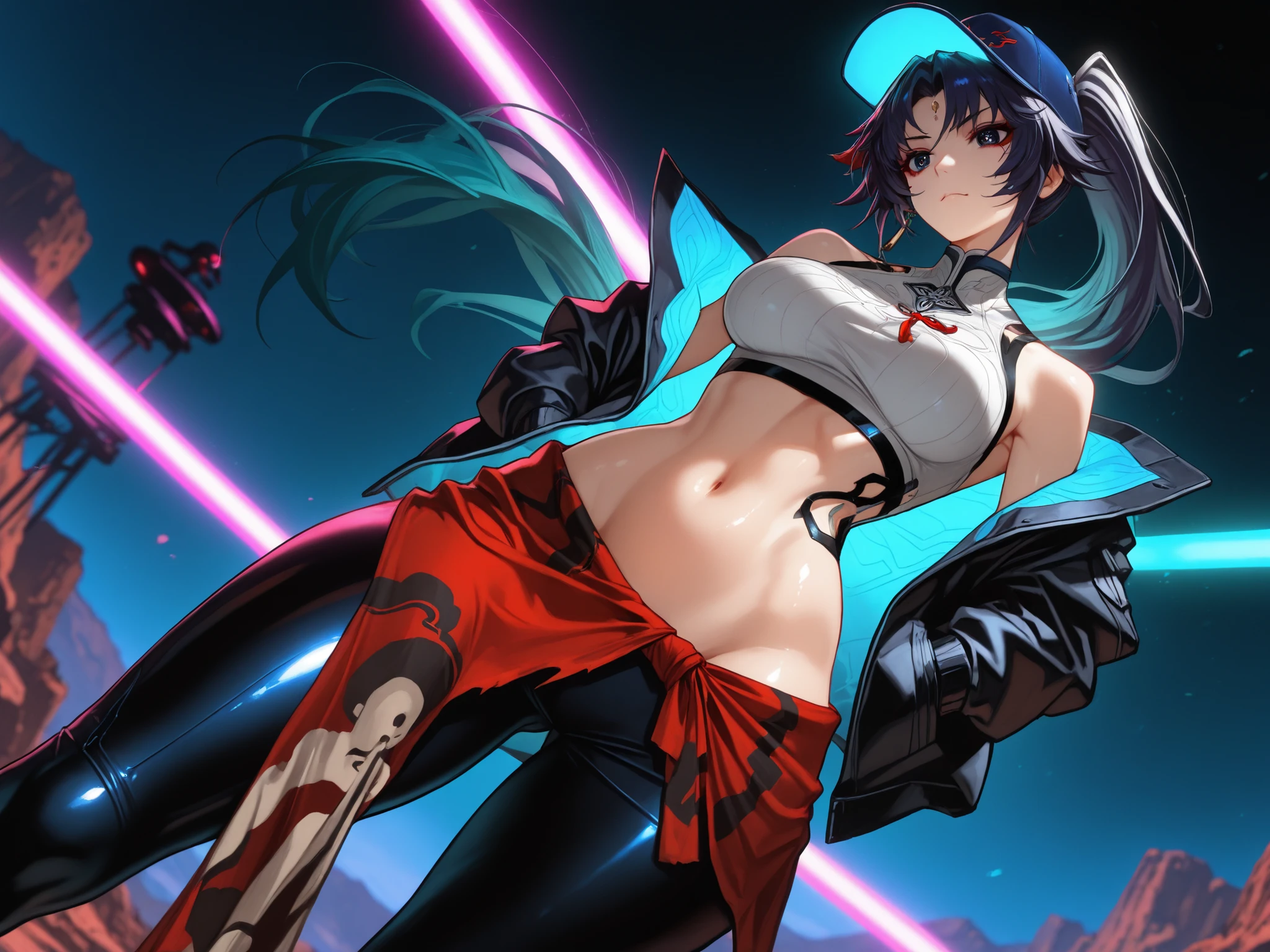 Feixiao, masterpiece, mejor calidad, vibrant, very aesthetic, High contrast, semrealista, newest,
landscape, Neon border light , dark, 1girl, medium breasts, wide hips, huge butt, thick thighs, negro (low leg:1.3) leggings, White shirt with crop top cut, (Neon braces:1.2), dark blue open jacket, bare shoulder clothing, gunman,from below, dutch angle, shiny dark eyes,looking the other way, hands in jacket pockets, oversized baseball cap, gum, facial focus, emphasis on fine cloth, dynamic pose when walking, Twisted pose, head tilting, navel, wide throw , shiny skin, cyberpunk, REST, eyes, detailed eyes, masterpiece, mejor calidad, amazing quality, very aesthetic, high resolution, ultra detailed, absurdres, newest, landscape, depth of field, volumetric lighting