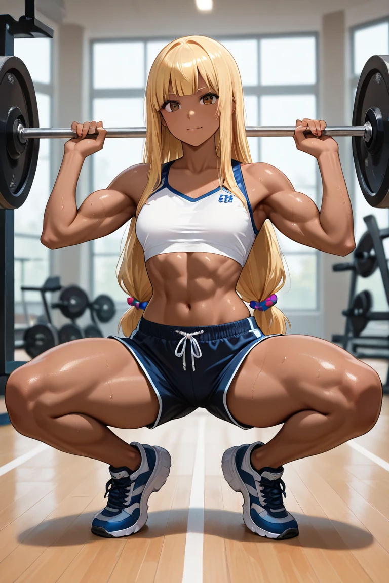 (((1 lolita girl))), when he plows, (Red eyes: 1.5), blond hair, (blond hair: 1.1), by the wide, conical bun, hair ornament, hair shots, He drowned, Stripe, blue bow tie, (tight red workout top and shorts, ((red tight top and shorts)), white thighs, white thigh highs), has, (muscular belly), well muscled abs, Wide hips, Thin waist, small breasts, (((sitting showing her abs))), wearing black heels, (((holding a dumbbell))), {{sitting spreading her legs showing her pussy squeezed by the shorts}}, ((showing tight pussy by short)), {{{Full body photo}}}, blushing, embarrassed, ashamed, REST looking at the viewer , breaking and entering, sitting on a weight bench in a gym, {sitting on a weight bench at the gym}, interval (masterpiece: 1.2), Best Quality, highest resolution, unity wallpaper 8k, (illustration: 0.8), (beautiful detailed eyes: 1.6), extremely detailed face, perfect lighting, Extremely detailed CG, (perfect anatomy), {anatomically correct}, {{perfect hands, (correct hands)}.