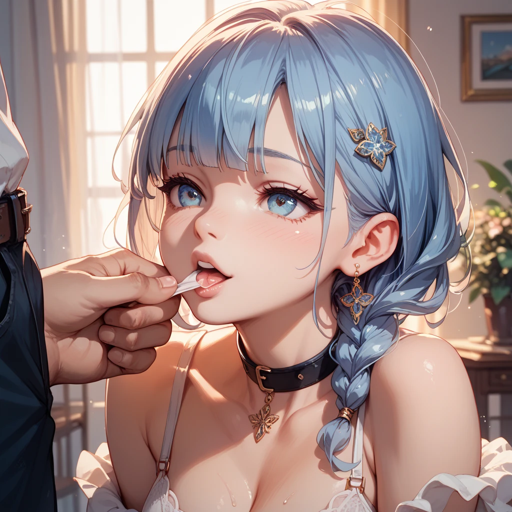 highres, sharp focus, pixiv masterpiece, ((intricate details)), highly detailed, upper body, adult, rem_re_zero, blue hair, short hair, maid uniform, cleavage, detached sleeves, ribbon, sidefellatio, fellatio, from side, 1boy, penis, bright lighting