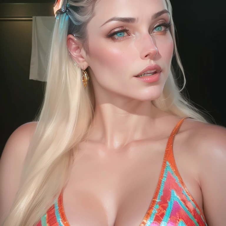 pregnant woman, ((highest quality, 8k, masterpiece: 1.3)), 1 Attractive 45 year old woman, Beautiful woman with a plump body: 1.3, very white hair(long hair: 1.9), Very red lips, blue swimsuit, turtleneck open leotard, long legs: 1.1, super detailed face, fine eyes, double eyelid, outdoors, pregnant woman, long hair: 1.9,Very red lips, Beautiful woman with a plump body: 1.3, ridiculously big breasts, ridiculously big breasts,