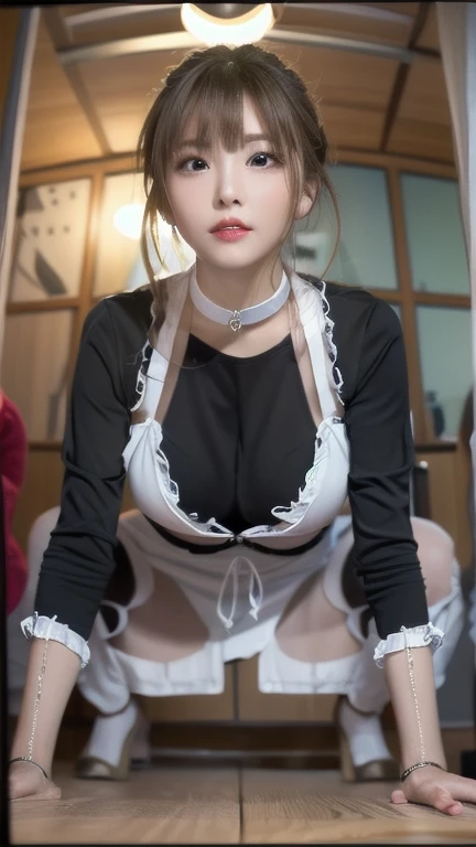(Close-up:1.4)、(RAW shooting:1.2)、(Photorealistic:1.4)、(masterpiece:1.3)、(highest quality:1.4)、One Girl、(Slender and beautiful girl)、(cute:1.2)、(Mid-breasted:1.2)、(Cleavage)、(Erect nipples:1.2)、(full body shot)、In 8K、(Tabletop:1.2)、(ribbon、flare skirt、Knee-high socks:1.3)、Look at the viewers、blush、ribbonボンデージ、(Beautiful Hands)、(Beautiful thighs)、(Short Bob:1.2)、(Maid clothes:1.3)、(Sexy pose:1.2)、obscene、erotic、cute、Ancient City、