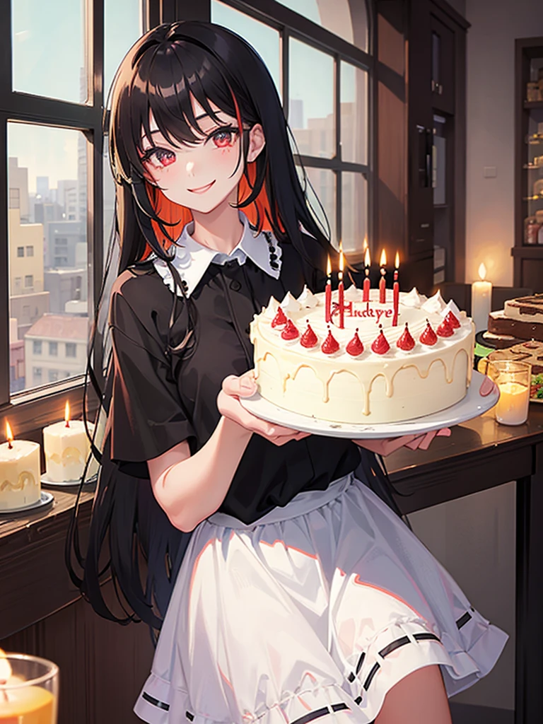 masterpiece、hightquality、vivd colour、(((Long Black Hair、Red Shirt、a black skirt、red eyes)))、(((Eat cake gracefully)))、