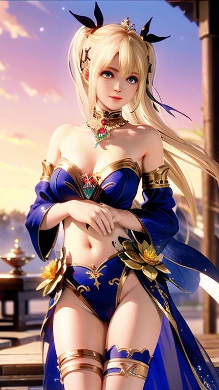 Official Art, Unified 8K Wallpapers, Ultra Detailed, Beautiful and Aesthetic, Masterpiece, Best Quality, (Zentangle, Tangle, Entangle), (fractal art: 1.4), 1girl, blond hair, japanese, bare shoulders, short skirt, calf, navel, very detailed, dynamic angle, cowboyshot, (most beautiful form chaos), flowing, (bright colors), oc, (half: 1.2), japan, (thangka flying sky: 1.5), (ribbon: 1.3), (dream: 1.5), (hanfu: 1.5), cute dragon, Chinese phoenix, (angry: 0.5), (japanese deity), perfect woman face