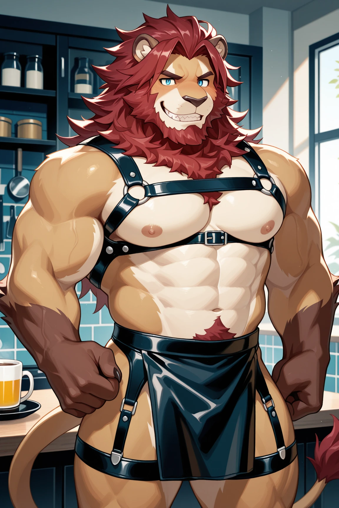 An RPG character who is a red-skinned demon, black horns, and black eyes with red, your hair is long, smooth and white, he is in a tavern with a mysterious look in a black leather outfit and a sword on his back, his physique is not that bulky, he is more agile