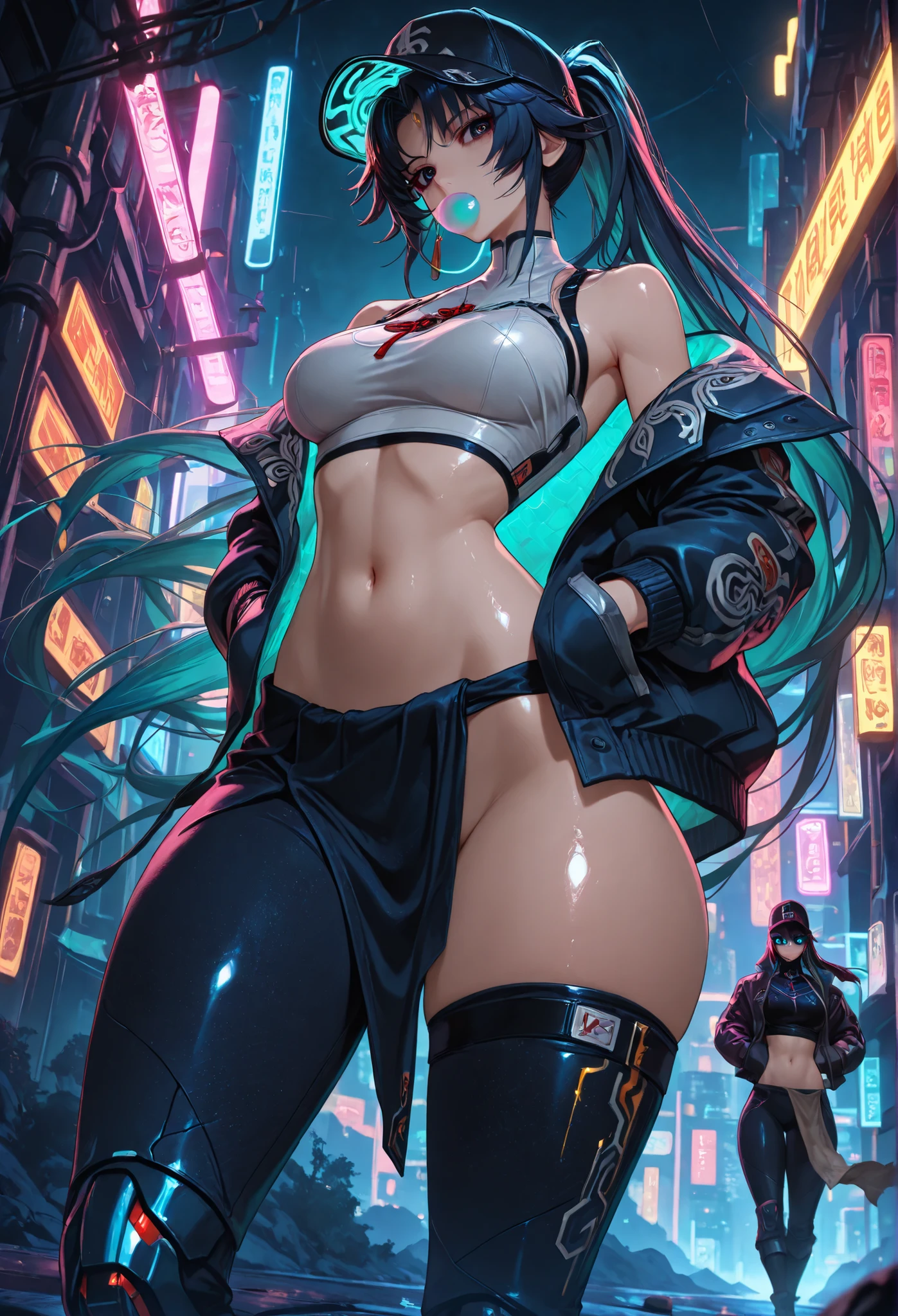 Feixiao, masterpiece, mejor calidad, vibrant, very aesthetic, High contrast, semrealista, newest,
landscape, Neon border light , dark, 1girl, medium breasts, wide hips, huge butt, thick thighs, negro (low leg:1.3) leggings, White shirt with crop top cut, (Neon braces:1.2), dark blue open jacket, bare shoulder clothing, gunman,from below, dutch angle, shiny dark eyes,looking the other way, hands in jacket pockets, oversized baseball cap, gum, facial focus, emphasis on fine cloth, dynamic pose when walking, Twisted pose, head tilting, navel, wide throw , shiny skin, cyberpunk, REST, eyes, detailed eyes, masterpiece, mejor calidad, amazing quality, very aesthetic, high resolution, ultra detailed, absurdres, newest, landscape, depth of field, volumetric lighting