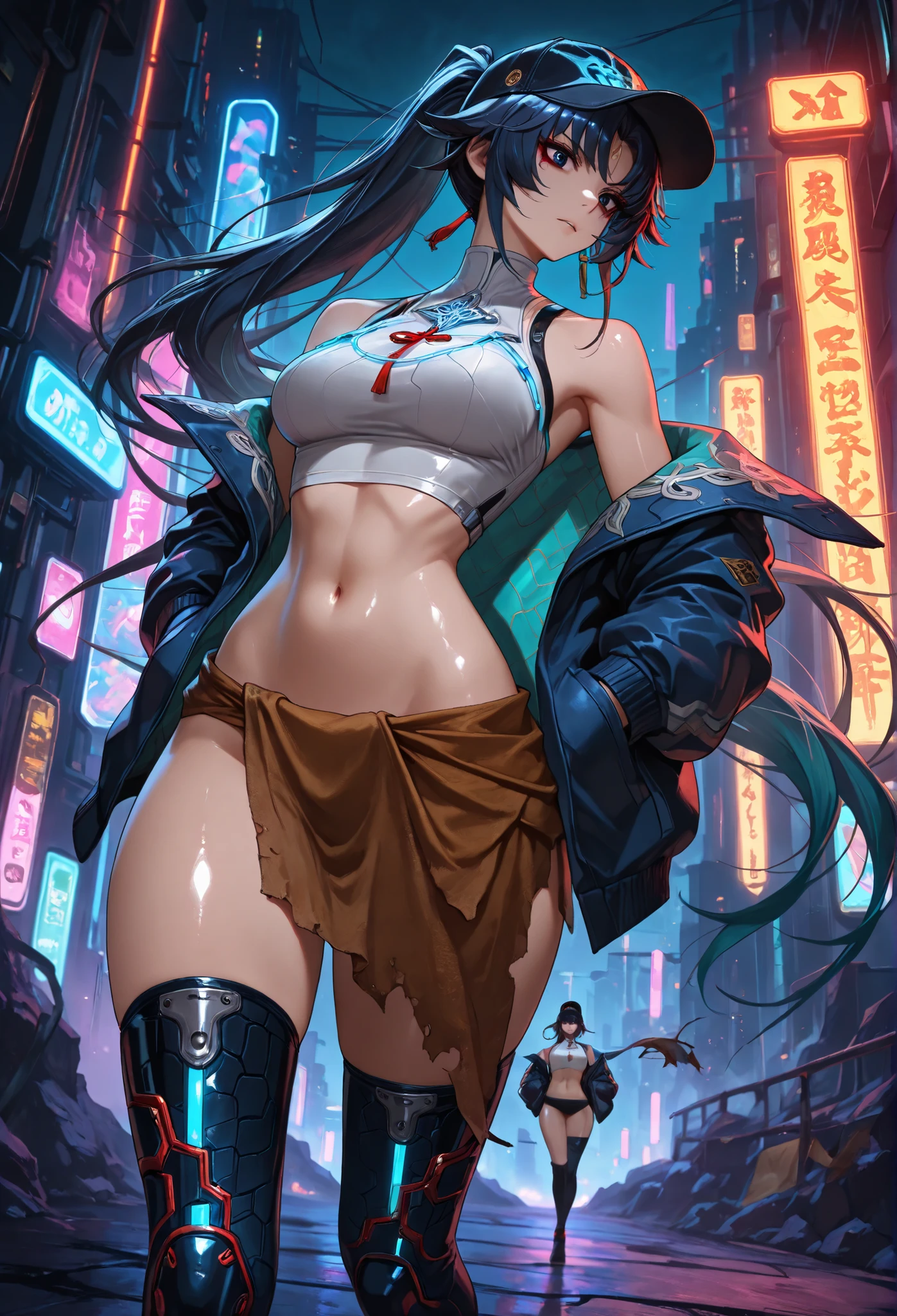 Feixiao, masterpiece, mejor calidad, vibrant, very aesthetic, High contrast, semrealista, newest,
landscape, Neon border light , dark, 1girl, medium breasts, wide hips, huge butt, thick thighs, negro (low leg:1.3) leggings, White shirt with crop top cut, (Neon braces:1.2), dark blue open jacket, bare shoulder clothing, gunman,from below, dutch angle, shiny dark eyes,looking the other way, hands in jacket pockets, oversized baseball cap, gum, facial focus, emphasis on fine cloth, dynamic pose when walking, Twisted pose, head tilting, navel, wide throw , shiny skin, cyberpunk, REST, eyes, detailed eyes, masterpiece, mejor calidad, amazing quality, very aesthetic, high resolution, ultra detailed, absurdres, newest, landscape, depth of field, volumetric lighting