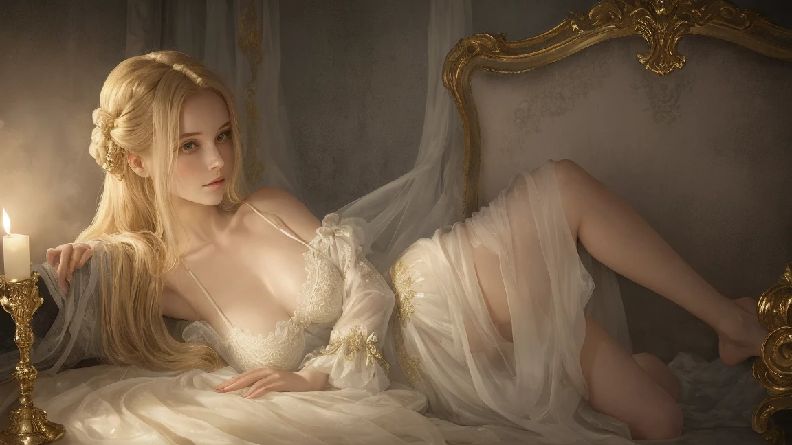 (realistic:1.3), finely detailed, quality, Rembrandt lighting, ray tracing, drop shadow, (masterpiece:1.2), (photorealistic:1.2), (best quality), (detailed skin:1.3), (intricate details), dramatic, ray tracing, 1girl, white girl (German), blond hair, 17 years old, small breasts, very detailed clothes, big pale blue eyes, (tall), ((full anatomy)), (lips:0.792), (blush:0.876), (long hair:0.972), (looks at the object:0.896), (smile: 0.777), (lie: 0.917), (on back: 0.990), (in bed: 0.990), reading, holding the book, (lips ajar: 0.990), long legs, thin legs, thin hips, very thin, braids