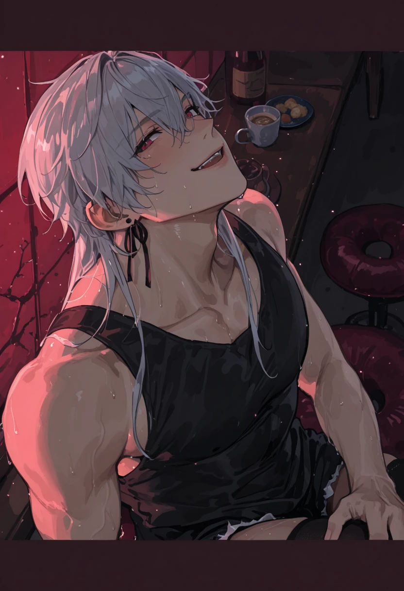 absurdres, highres, ultra detailed, super fine illustration, best quality, 1boy, perfect anatomy, male focus, solo, (dark-skinned:0.8) male, silver hair, long hair, black bikini, bare shoulders, bare arms, bare legs, <lora:_L2090:-0.6> <lora:flat:-0.2>