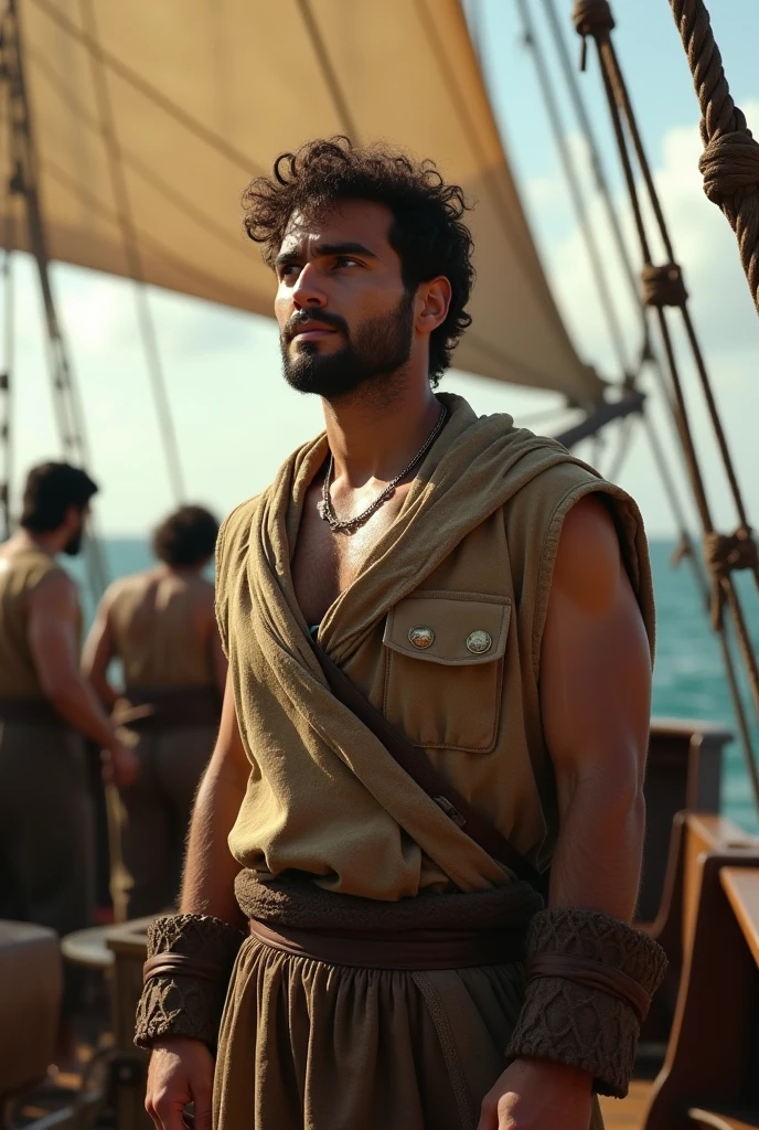 An illustrated movie poster, hand-drawn, full color, a male fisherman, 27 years-old, resembles Dean Cain, wearing buccaneer breeches and a shemagh scarf, fair skin, stocky physique, deep brown eyes, wide bulbous nose, black hair, curly quiff, thick bushy eyebrows, extremely hairy chest, stomach, and arms, lots of body hair, posing on a tropical beach, hard shadows, graphite shading, stencil markings, airbrushed acrylic paint, masterpiece, in the style of Lord of the Rings