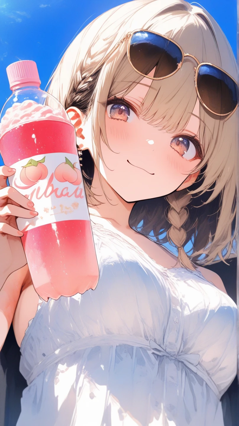 ((masterpiece:1.2, best quality)), swimsuit, anime girl, smiling, beach, summer sky, 1gilr, solo, ((brown short hair, bikini)), summer, cloud, palm tree, cute posing, straw hat, ((coffee cup, ice coffee, short check pattern skirt,)) upper body