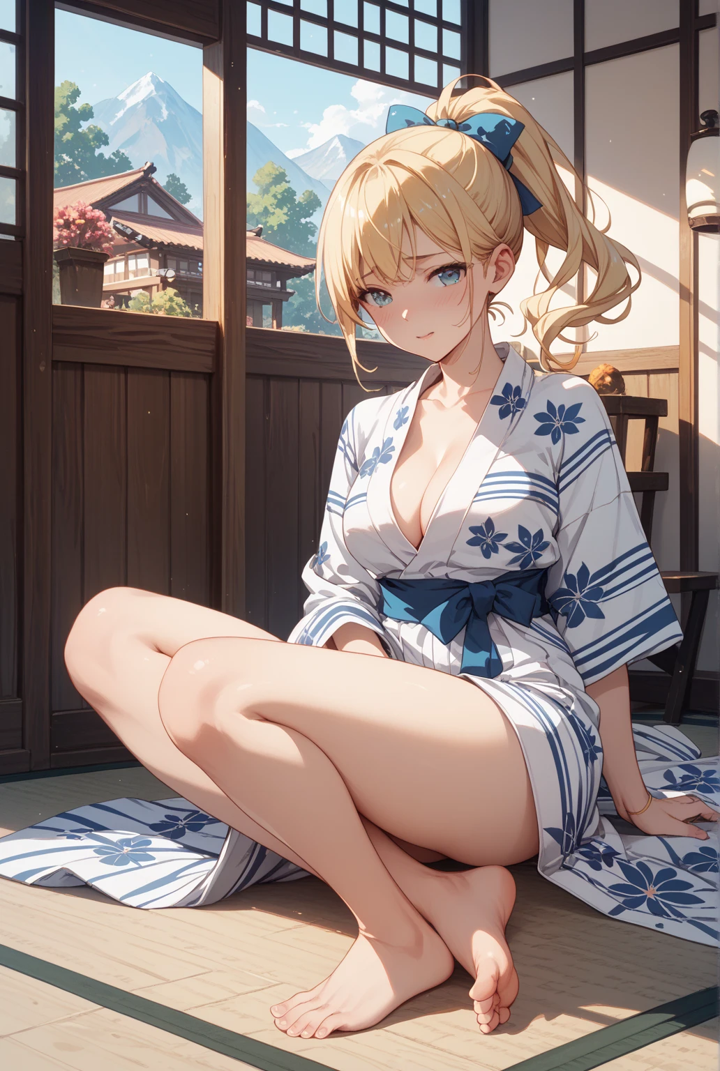 20 years old girl, blonde, wearing a Printed Silk Kimono, Sitting, cleavage