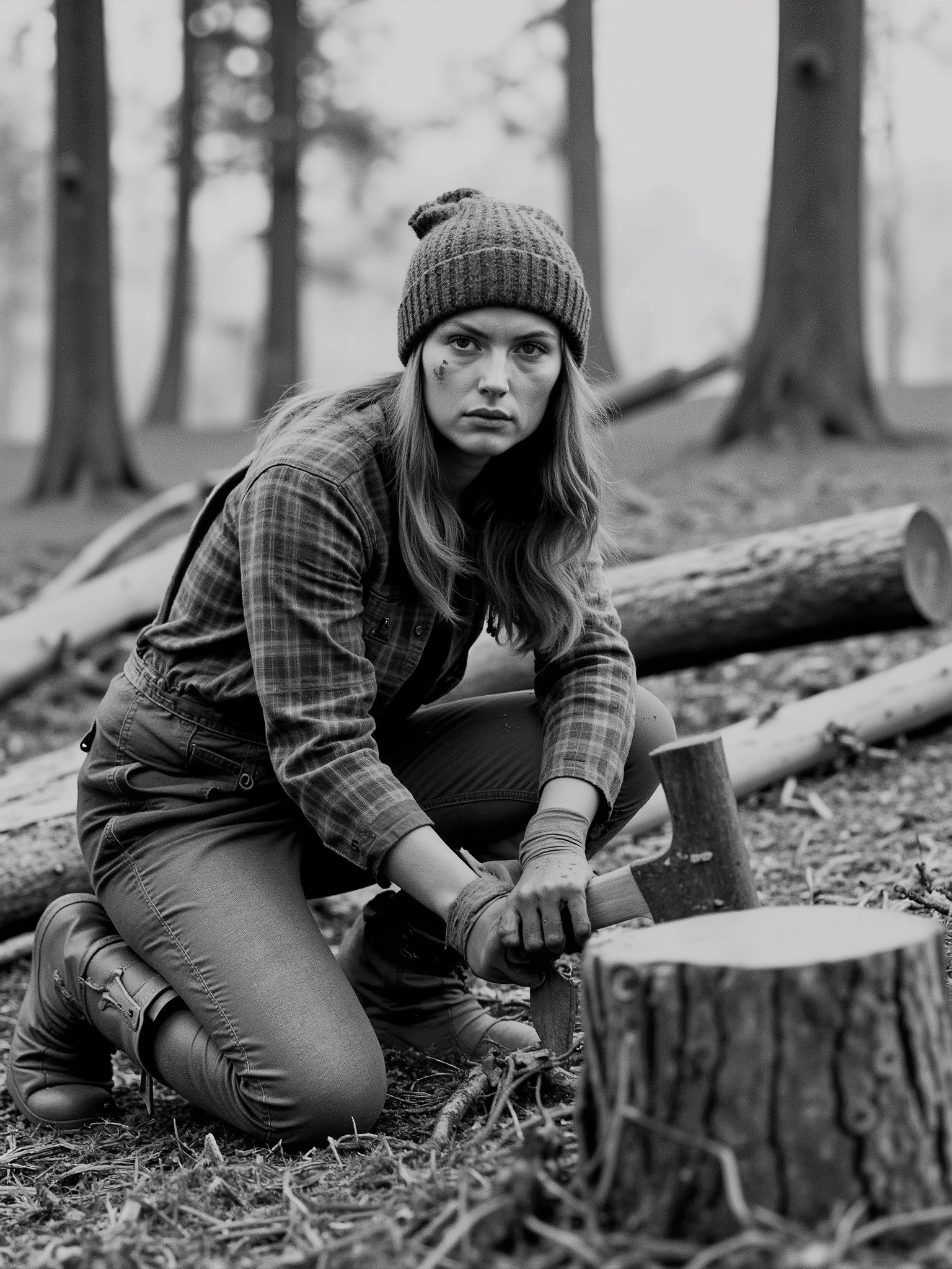 Ultra-realistic black-and-white outdoor image of a strong female lumberjack, captured in the raw and timeless style of a cine-documentary, using the grain-rich aesthetic of Ilford HP5+ film. She is seen kneeling in a forest clearing surrounded by fallen logs and fresh woodchips, wearing weathered outdoor workwear: a thick flannel shirt layered over a thermal undershirt, worn utility jeans with suspenders, and heavy-duty leather boots scuffed from use. A pair of protective gloves hang from her belt, and her hand rests firmly on the wooden handle of a large, well-used axe planted in a tree stump beside her.
Her expression is serious yet serene, with loose strands of hair escaping from under a knitted beanie. Her face bears smudges of bark and earth, illuminated softly by overcast natural light filtered through the canopy above. In the background, tall pine trunks stretch into the mist, and blurred silhouettes of logs and tools add depth and realism. The photograph is rich in texture—coarse fabric, rough bark, and damp forest soil all rendered in tactile detail. Light fog softens the atmosphere, while shallow film grain and subtle vignetting complete the visual tone.
The composition feels unposed and honest, a tribute to physical endurance and connection to the land—blending the documentary rawness of working life with the poetic stillness of nature.