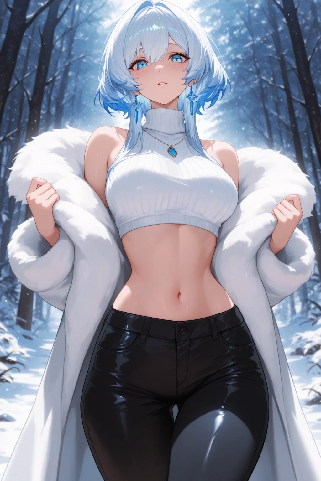 score_9, score_8_up, score_7_up, score_6_up, score_5_up, score_4_up,1girl,nsfw,,covered_nipples,silver wolf, gray eyes, high ponytail, white top, open belly, shorts, fur coat,snow land,floating droplets of water
