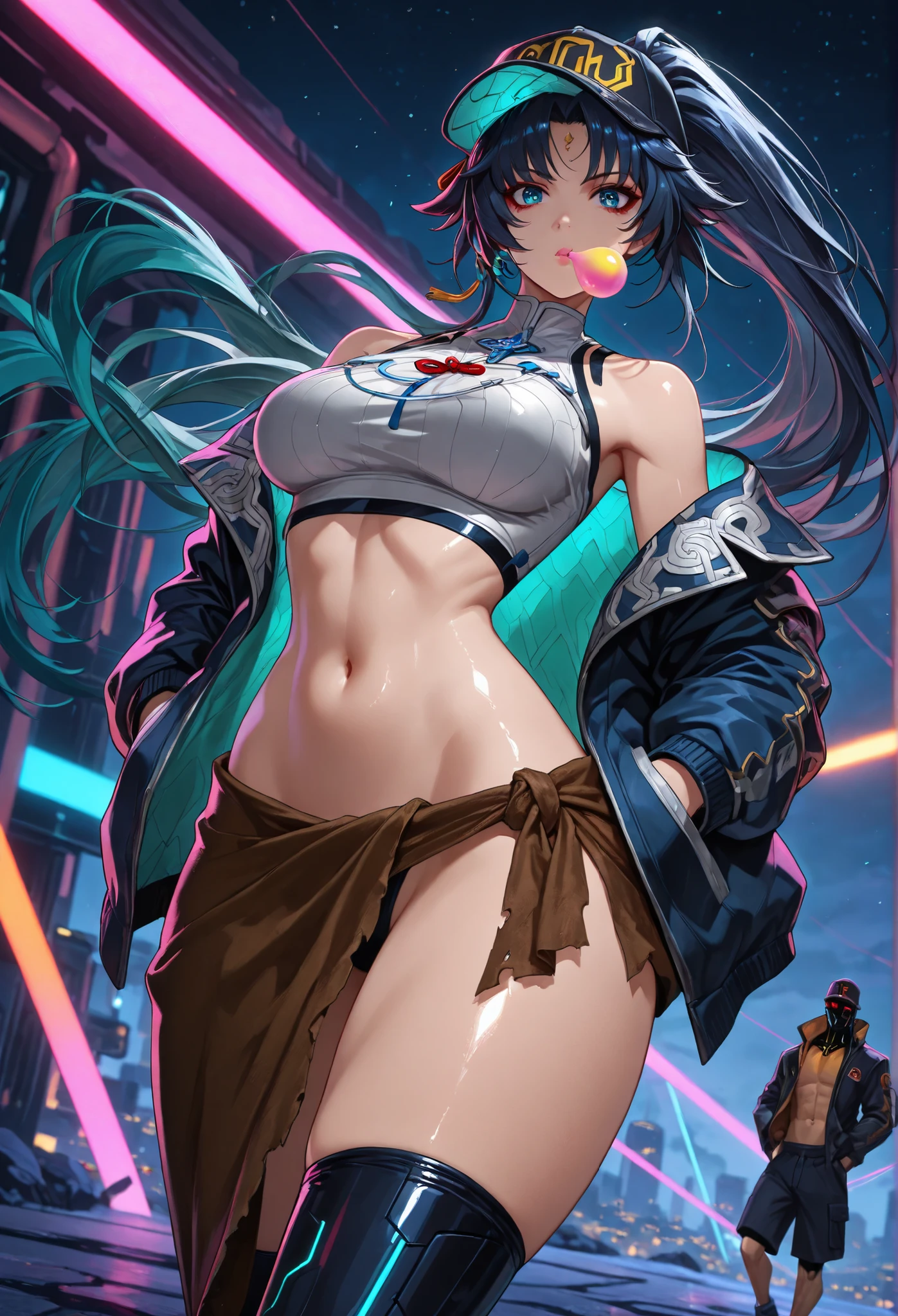 Feixiao, masterpiece, mejor calidad, vibrant, very aesthetic, High contrast, semrealista, newest,
landscape, Neon border light , 1girl, medium breasts, wide hips, huge butt, thick thighs, negro (low leg:1.3) leggings, White shirt with crop top cut, (Neon braces:1.2), Dark blue open jacket, bare shoulder clothing, gunman,from below, dutch angle, shiny Oscura eyes,looking the other way, hands in jacket pockets, oversized baseball cap, gum, facial focus, emphasis on fine cloth, dynamic pose when walking, Twisted pose, head tilting, navel, wide throw , shiny skin, cyberpunk, REST, eyes, detailed eyes, masterpiece, mejor calidad, amazing quality, very aesthetic, high resolution, ultra detailed, absurdres, newest, landscape, depth of field, volumetric lighting
