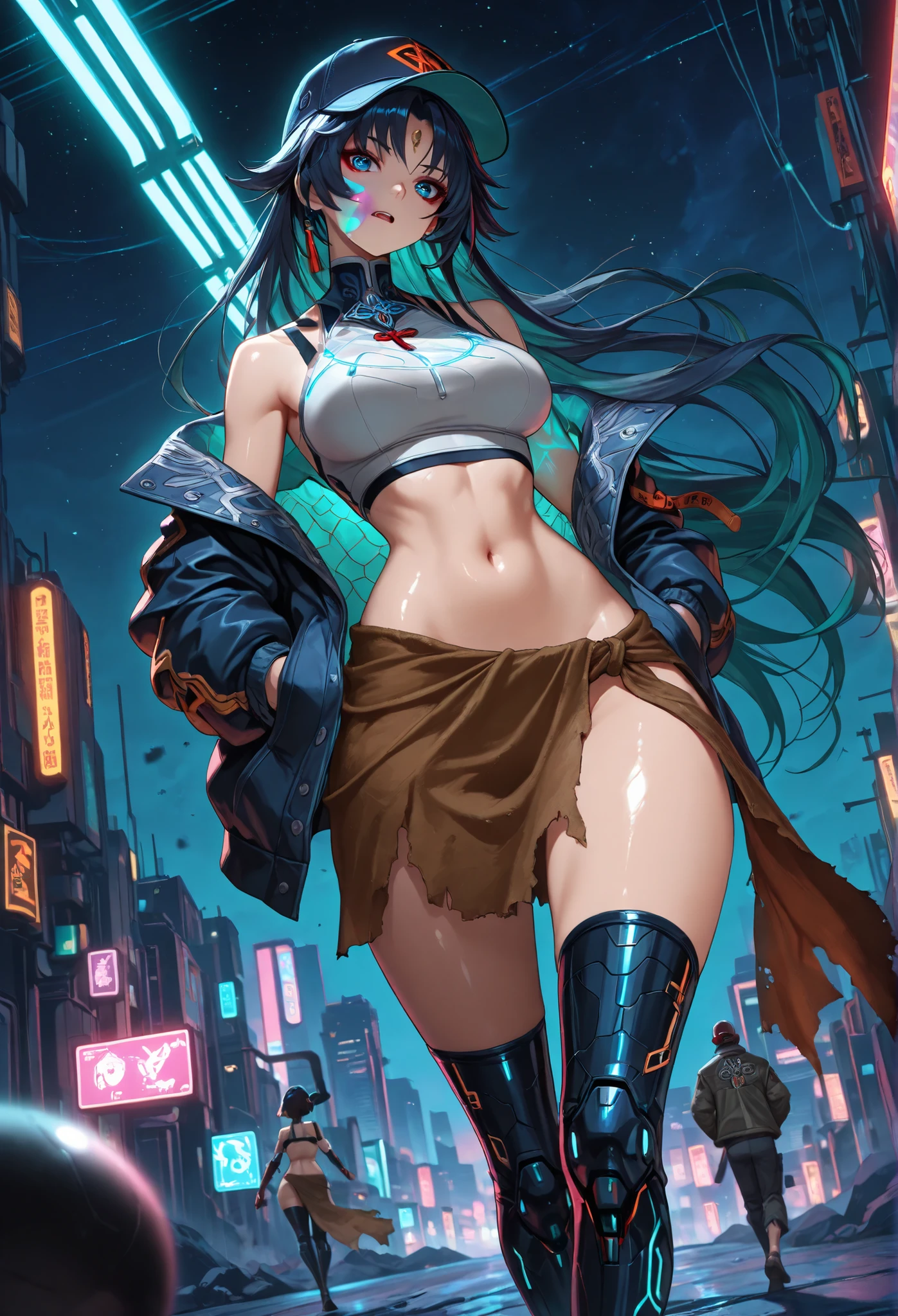 Feixiao, masterpiece, mejor calidad, vibrant, very aesthetic, High contrast, semrealista, newest,
landscape, Neon border light , 1girl, medium breasts, wide hips, huge butt, thick thighs, negro (low leg:1.3) leggings, White shirt with crop top cut, (Neon braces:1.2), Dark blue open jacket, bare shoulder clothing, gunman,from below, dutch angle, shiny Oscura eyes,looking the other way, hands in jacket pockets, oversized baseball cap, gum, facial focus, emphasis on fine cloth, dynamic pose when walking, Twisted pose, head tilting, navel, wide throw , shiny skin, cyberpunk, REST, eyes, detailed eyes, masterpiece, mejor calidad, amazing quality, very aesthetic, high resolution, ultra detailed, absurdres, newest, landscape, depth of field, volumetric lighting