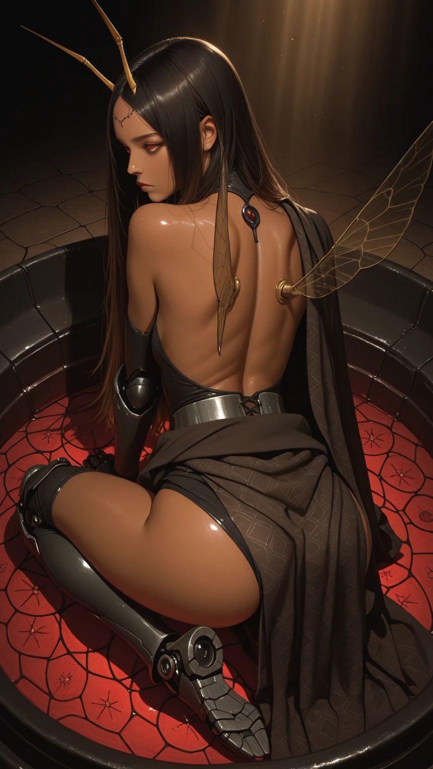 Beautiful cybernetic girl looking at camera with realistic masterpiece of detailed muscles in underwear,Slender,Nipples,Active Pause, Action pose, Loose Ruth |, Gold Parts, fringe, Short-haired, Back view, coastal