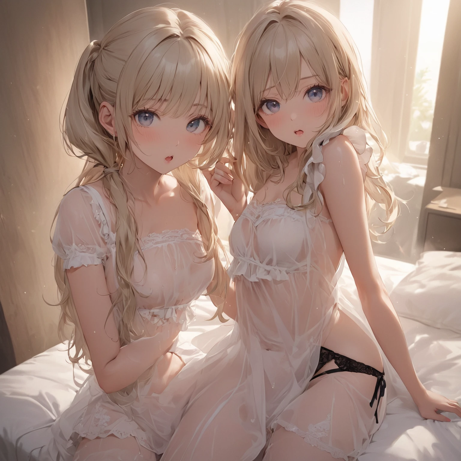 fullnude、 (only males:1.3), (boy crossdresser:1.3), (transvestite:1.3), boys in long summer dress, summer dress, young male in summer dress, (sissy boys:1.3), (bulge in panties:1.3), (male genitals in panties:1.3), traps , cute bow, pubic hair, shy small smile, (FLATCHESTED:1.3)、male chest, flat chest, superflat chest, (one embarrassed boy in lingerie), white lace bra size 0, zero breast size, blunt bangs, Shiny hair, Delicate beautiful face, deep eyes, White skin, earrings, slender legs, (Shy Face: 1.3), Blushing, (Sun Light), choker, small earrings