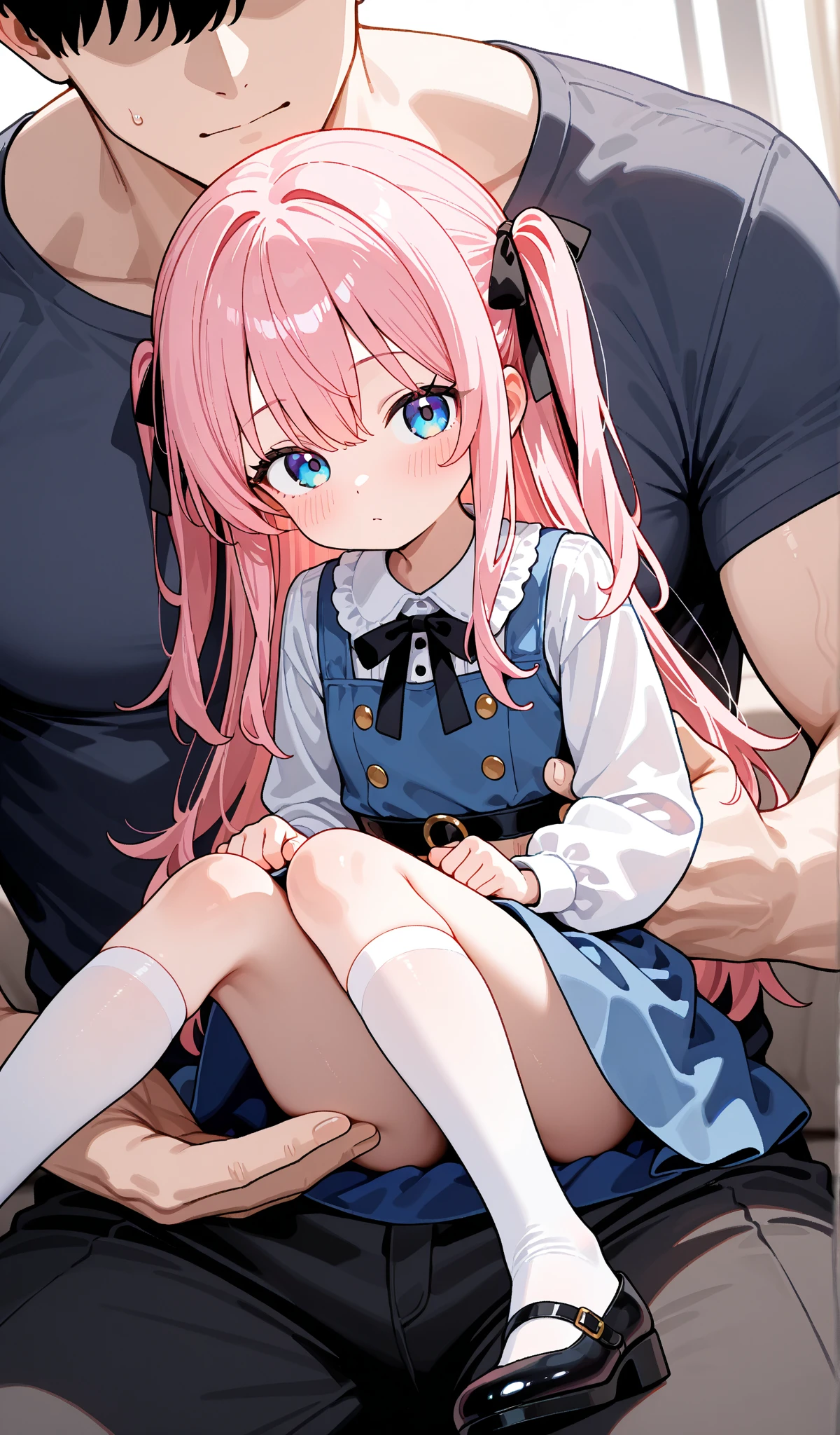  girl having sex),Girl  with pink hair, long twintail hairstyle, ((small bushy eyebrows)), wearing gothic lolita clothing, lolicon , walking to school, flirty smile,, walking to school, bored look, bored face,, (sitting with legs open lifting her skirt to show her vagina wet with semen), (1 boy having sex with the girl, scaried young boy) naked boy about to have sex , boy ready to penetrate her pussy, boy about to penetrate her, boy with erected penis, looking from below
