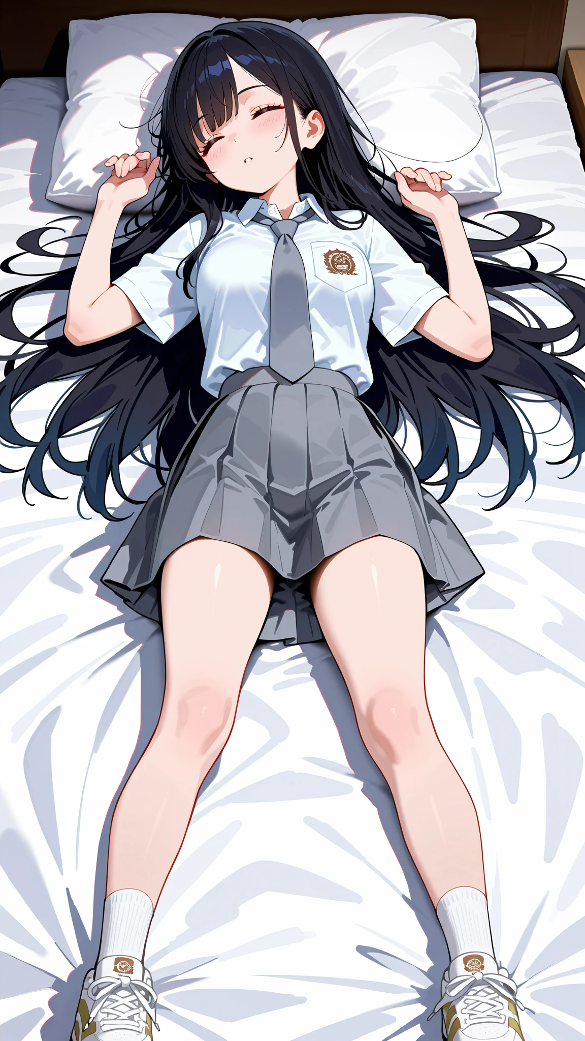 Yukino yukinoshita, long hair, cleavage, navel, slim legs, black hair, blue eyes,  short skirt, thigh high socks, teen, happy, school uniform, bedroom, Belly, full body, lying on the bed