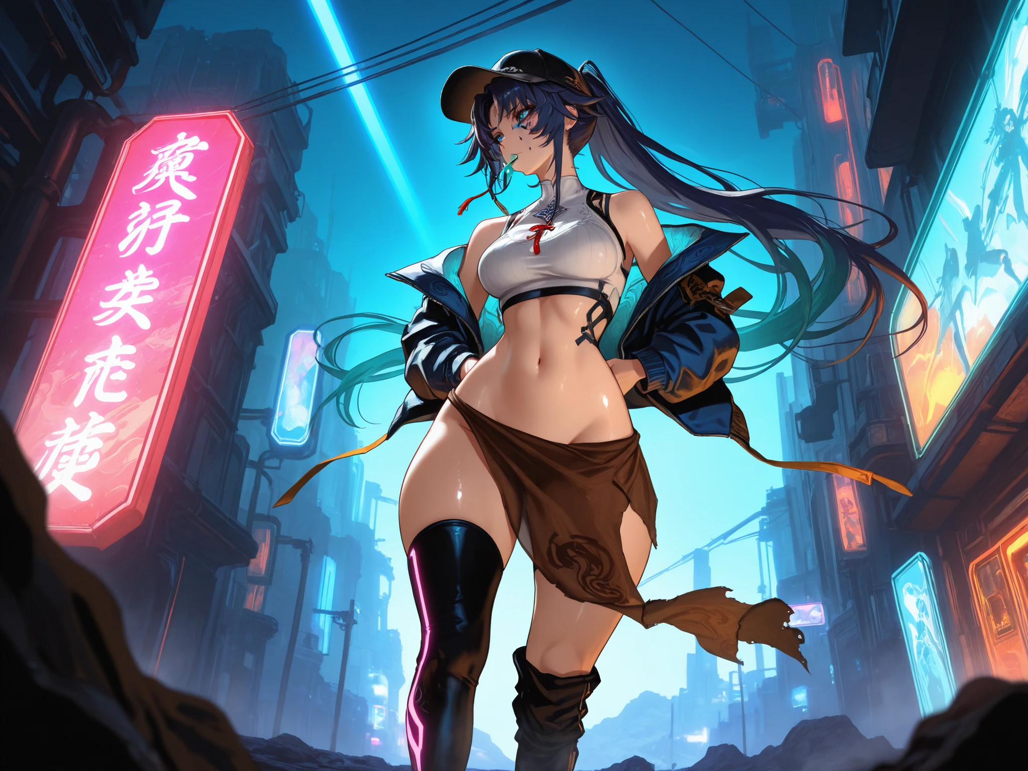 Feixiao, masterpiece, mejor calidad, vibrant, very aesthetic, High contrast, semrealista, newest,
landscape, Neon border light , 1girl, medium breasts, wide hips, huge butt, thick thighs, negro (low leg:1.3) leggings, White shirt with crop top cut, (Neon braces:1.2), Dark blue open jacket, bare shoulder clothing, gunman,from below, dutch angle, shiny Oscura eyes,looking the other way, hands in jacket pockets, oversized baseball cap, gum, facial focus, emphasis on fine cloth, dynamic pose when walking, Twisted pose, head tilting, navel, wide throw , shiny skin, cyberpunk, REST, eyes, detailed eyes, masterpiece, mejor calidad, amazing quality, very aesthetic, high resolution, ultra detailed, absurdres, newest, landscape, depth of field, volumetric lighting