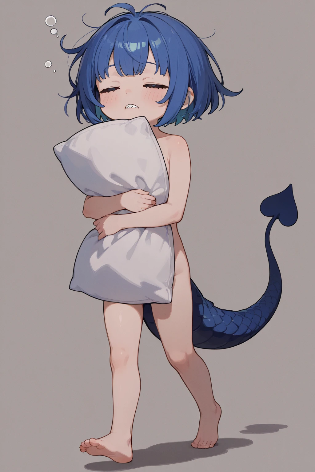 fox ears, long blue hair, blue scales, chibi female, (small breasts) ((young:2.0)), wide hips, on bed, (snake body), puffy nipples, lamia, pussy, creampie, disembodied penis, vaginal penetration, (shocked), impregnation,