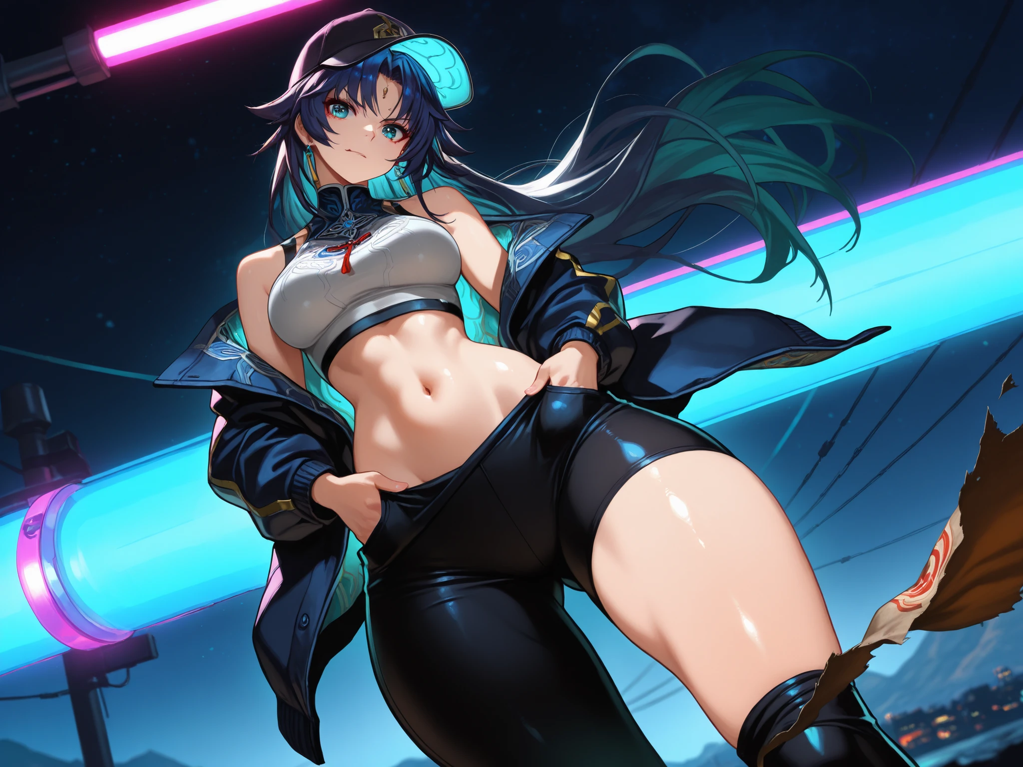 Feixiao, masterpiece, mejor calidad, vibrant, very aesthetic, High contrast, semrealista, newest,
landscape, Neon border light , 1girl, medium breasts, wide hips, huge butt, thick thighs, negro (low leg:1.3) leggings, White shirt with crop top cut, (Neon braces:1.2), Dark blue open jacket, bare shoulder clothing, gunman,from below, dutch angle, shiny Oscura eyes,looking the other way, hands in jacket pockets, oversized baseball cap, gum, facial focus, emphasis on fine cloth, dynamic pose when walking, Twisted pose, head tilting, navel, wide throw , shiny skin, cyberpunk, REST, eyes, detailed eyes, masterpiece, mejor calidad, amazing quality, very aesthetic, high resolution, ultra detailed, absurdres, newest, landscape, depth of field, volumetric lighting