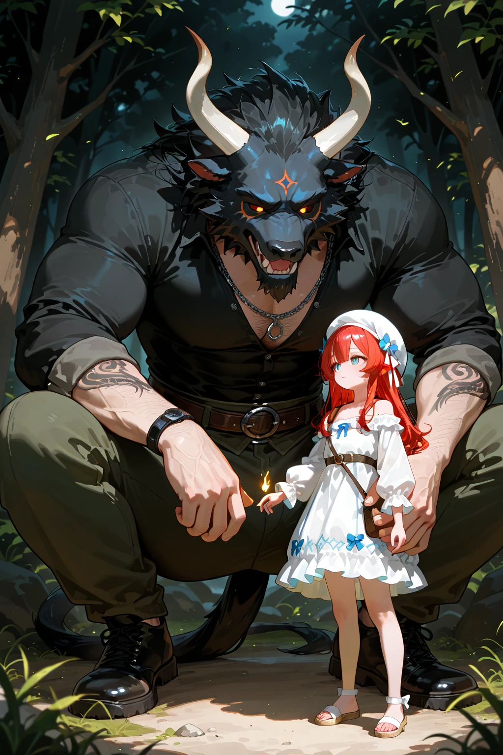 (award winning, 8k, super detailed, high resolution, best quality), (a young man with red hair and black jacket, smirk face and), (a werewolf with red velvet fur), (standing side by side), detailed eyes, extremely detailed face and features, detailed fangs, in a dark mysterious forest at night, moonlight shining, mist, old trees, moonlit forest, moody lighting, horror atmospheric