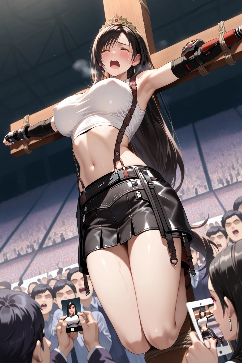 (((masterpiece,Highest quality:1.3,best quality illustration))),(realistic),cowboy shot,独奏,1woman,18 year old beauty,black hair,long hair,bangs,black eyes,gorgeous big eyes,((very small head:1.3)),Pain,((very long body:1.2,skinny)),medium breasts,(Injury:1.4),(Torn clothing)、White tube top shirt、navel、(Black pleated mini skirt),Brown leather fingerless gloves、sweat,in heat,gleaming skin,toned body,slender body、During a martial arts match、amphitheater、nsfw,
