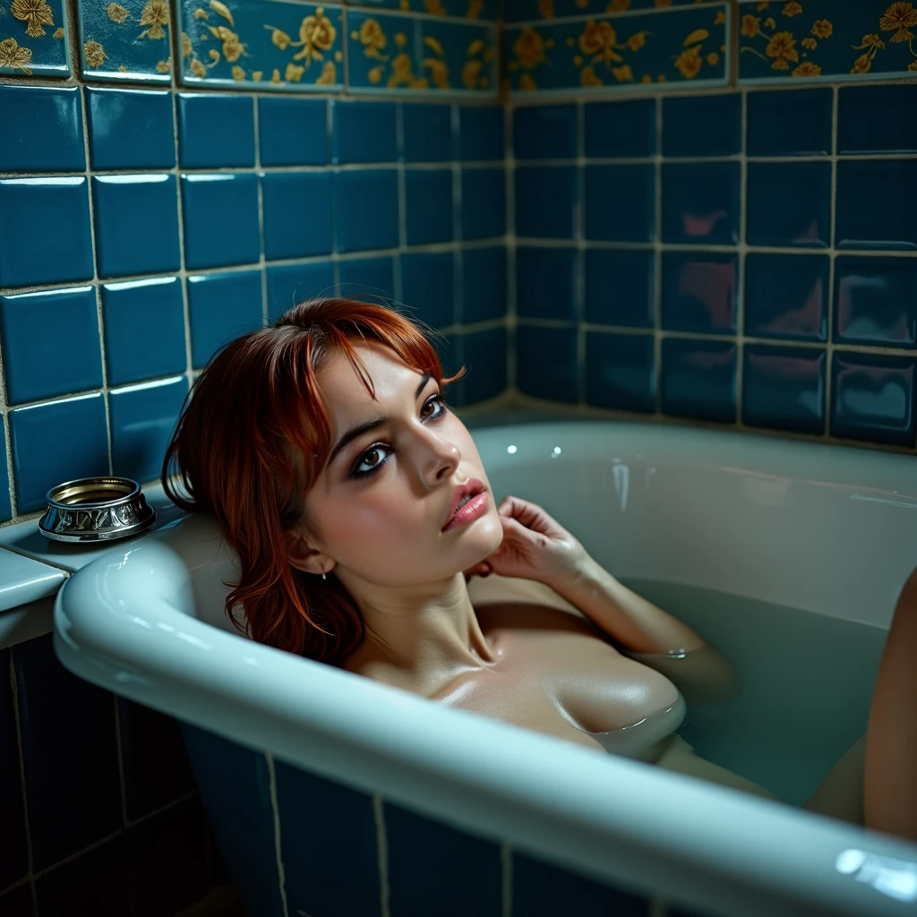 ((best quality)), ((masterpiece))(8K,masterpiece:1.2),(Hyper-detailing), ((20-year-old full body shot of a lifelike beautiful woman with eyes gazing into the landscape, Night time lying down on a bed sexy view. Captured cinematically with a Canon 6D and Octane, she has medium length white and black hair, and is wearing clothing. Her expression is glowing, resilient, determined, fierce, loyal, skilled, and resourceful. She exudes a punk vibe with purple and red hair in the center Heterosexualidad, 1 Incredibly beautiful young woman with short blonde rainbow hair, Mad Max DJ vignetting, bloom, dutch angle, from behind, lens flare, 4K A young woman lying inside a white, oval-shaped bathtub filled with a light blue water. She is partially submerged, with her upper body and head visible above the water. The woman has wavy, light-colored hair and is gazing upwards. Floating on the water's surface are various colorful flowers, including pink, yellow, and purple blooms. In the background, there's a glimpse of a room with a wooden floor and a green potted plant. The overall ambiance of the picture exudes tranquility and relaxation., painting